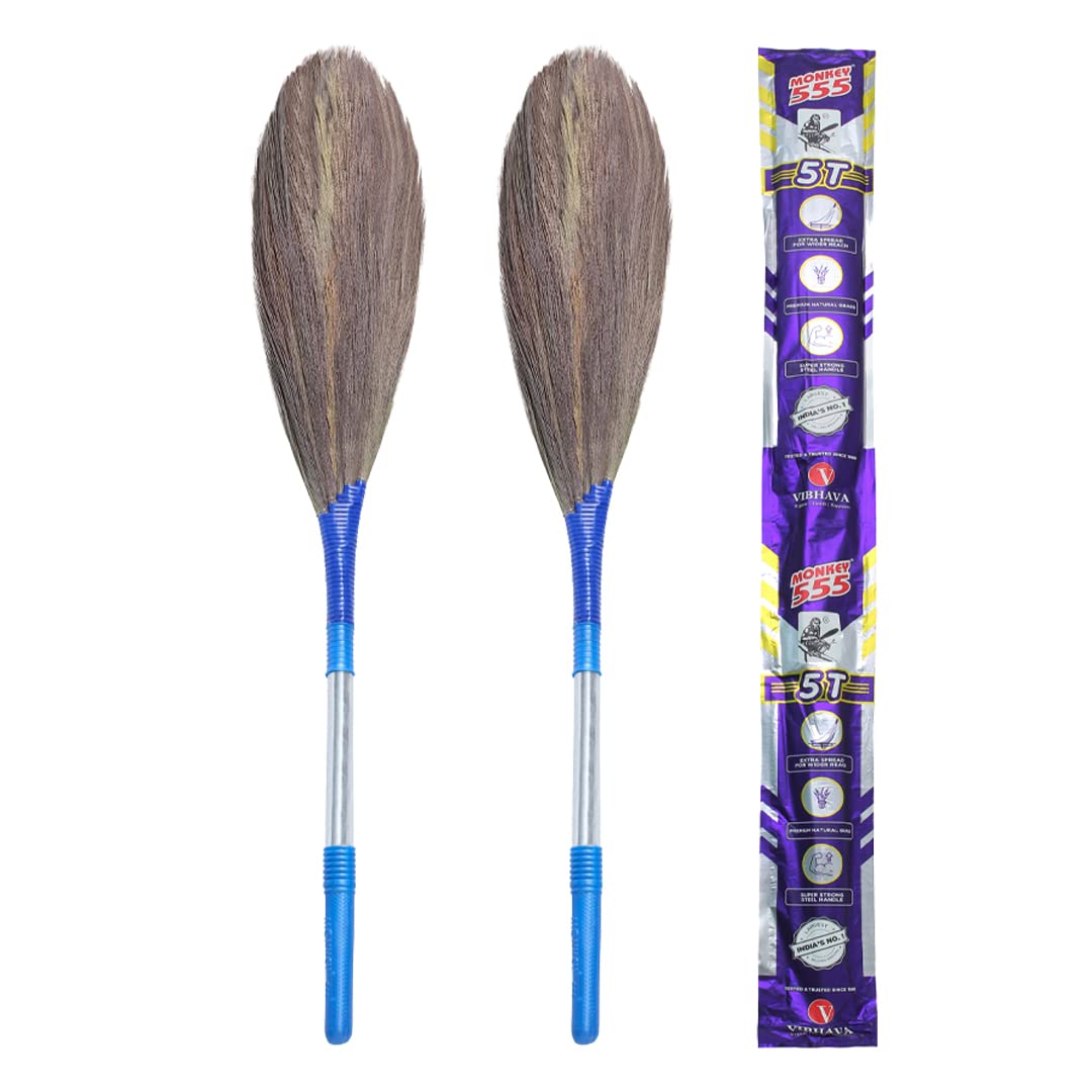 Monkey 555 5T Natural Grass Broom - Pack of 2 | Removes Fine Dust | Unique Palm (5 Fingers Spread) Design for Fast & Easy Sweeping | Special Polymer Steel Handle| Wide Area Cleaning Broomstick (B0BZV6484N) Amazon Price History, Amazon Price Tracker