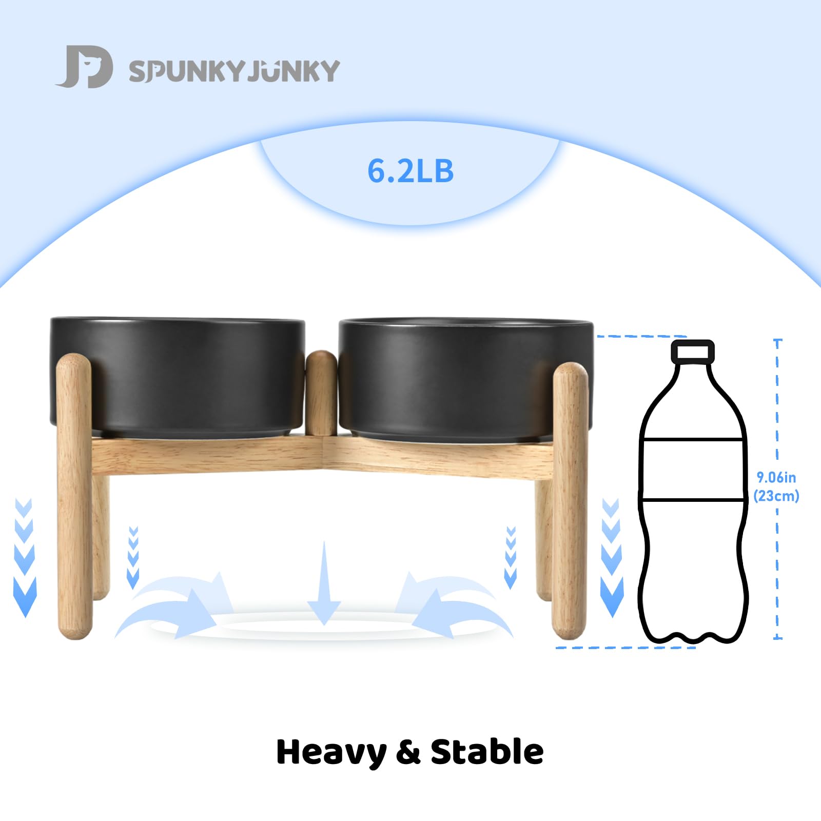 SPUNKYJUNKY Gamelle surélevée en céramique avec support en bois pour chien de taille moyenne et grande - Gamelle d'alimentation et d'eau pour animaux domestiques (double gamelles de 1,70 g, noir)