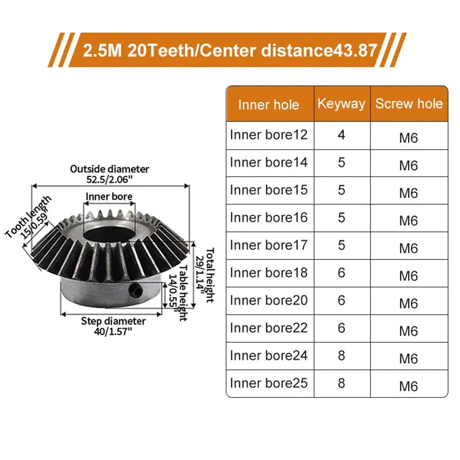 Engrenage conique 2,5 m, 20 dents, diamètres d'alésage intérieur 12/14/15-25 mm, acier 45#, 4/5 pièces(4PCS,2.5M20T hole 18mm)
