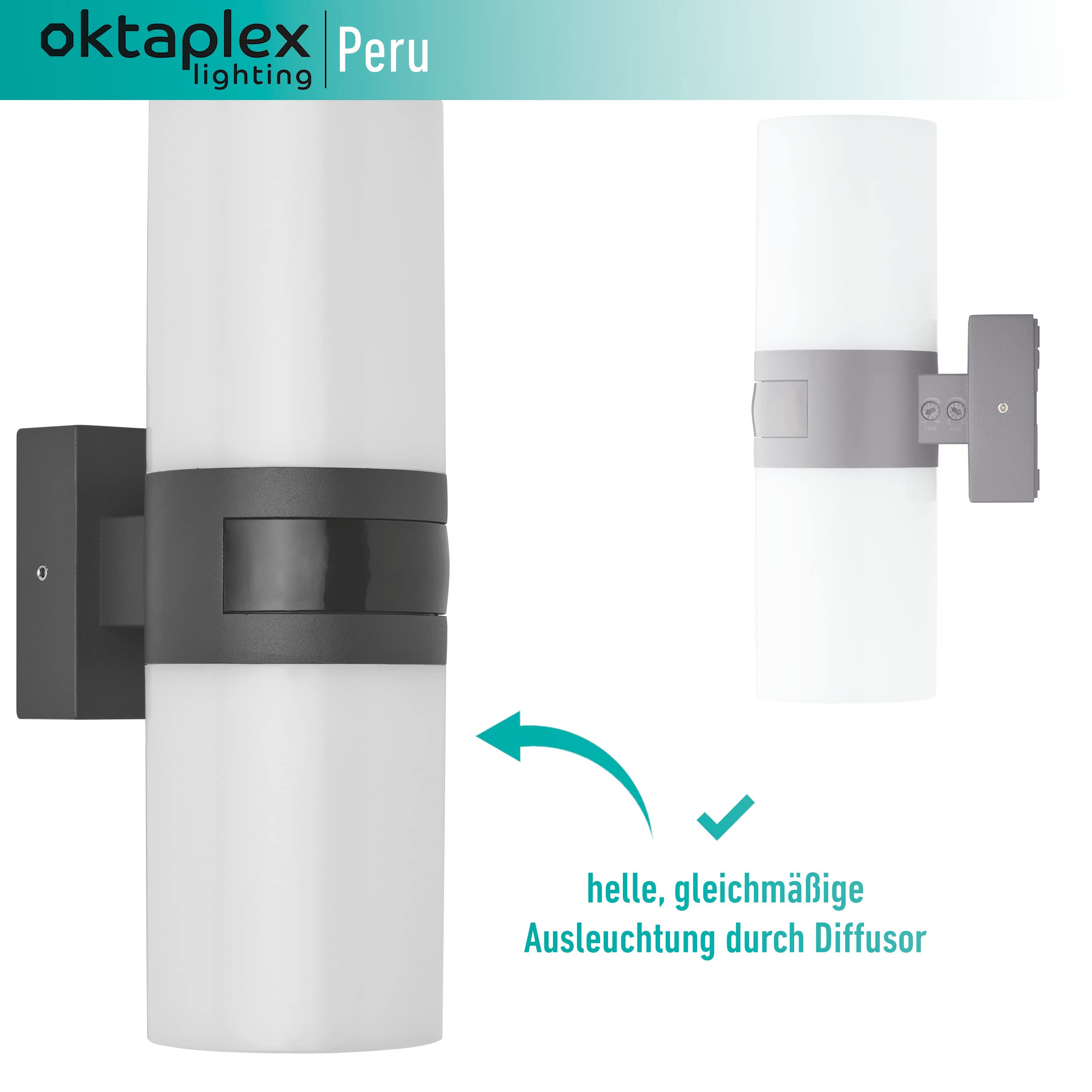 Oktaplex Außenlampe mit Sensor Rund Oktaplex Lighting Peru Motion | Bewegungsmelder, 20W, 1900lm, 3000K warmweiß, IP65 anthrazit