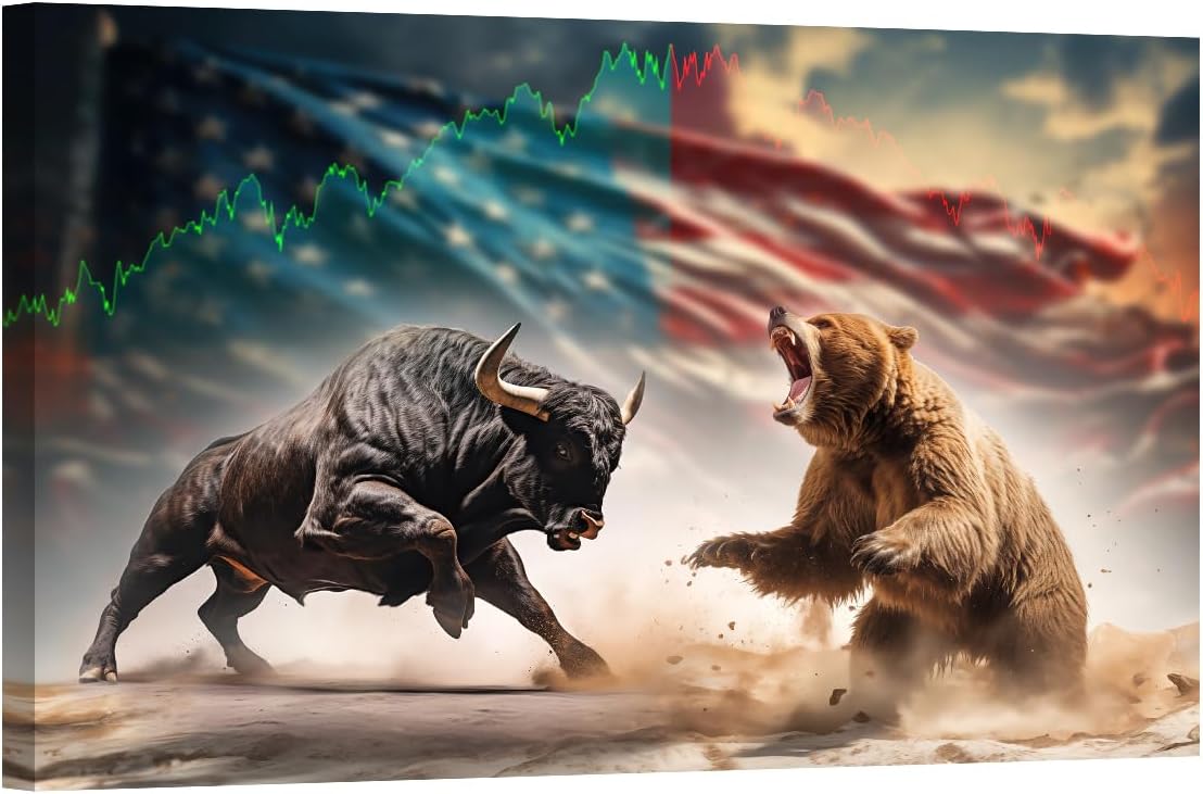 LSIUHWUWI Bull and Bear Canvas Wall Art, Bear Canvas Wall Decor, Bull Pictures Wall Decor, Bear and A Bull Statue Stand in a Stock Exchange Wall Art,Office Wall Art, Wall Decor 24x36 Inch