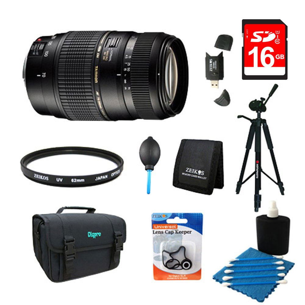 Tamron AF017NII-700 70-300mm f/4-5.6 DI LD Macro for Nikon AF with Built-in Motor Bundle with 16GB Memory Card, Camera Bag for DSLR, 60 Inch Tripod and 62mm Multicoated UV Protective Filter