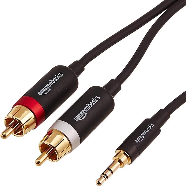 Amazon Basics 3.5mm Aux to 2 RCA Adapter Audio Cable for Stereo Speaker or Subwoofer with Gold-Plated Plugs, 4 Foot, Black