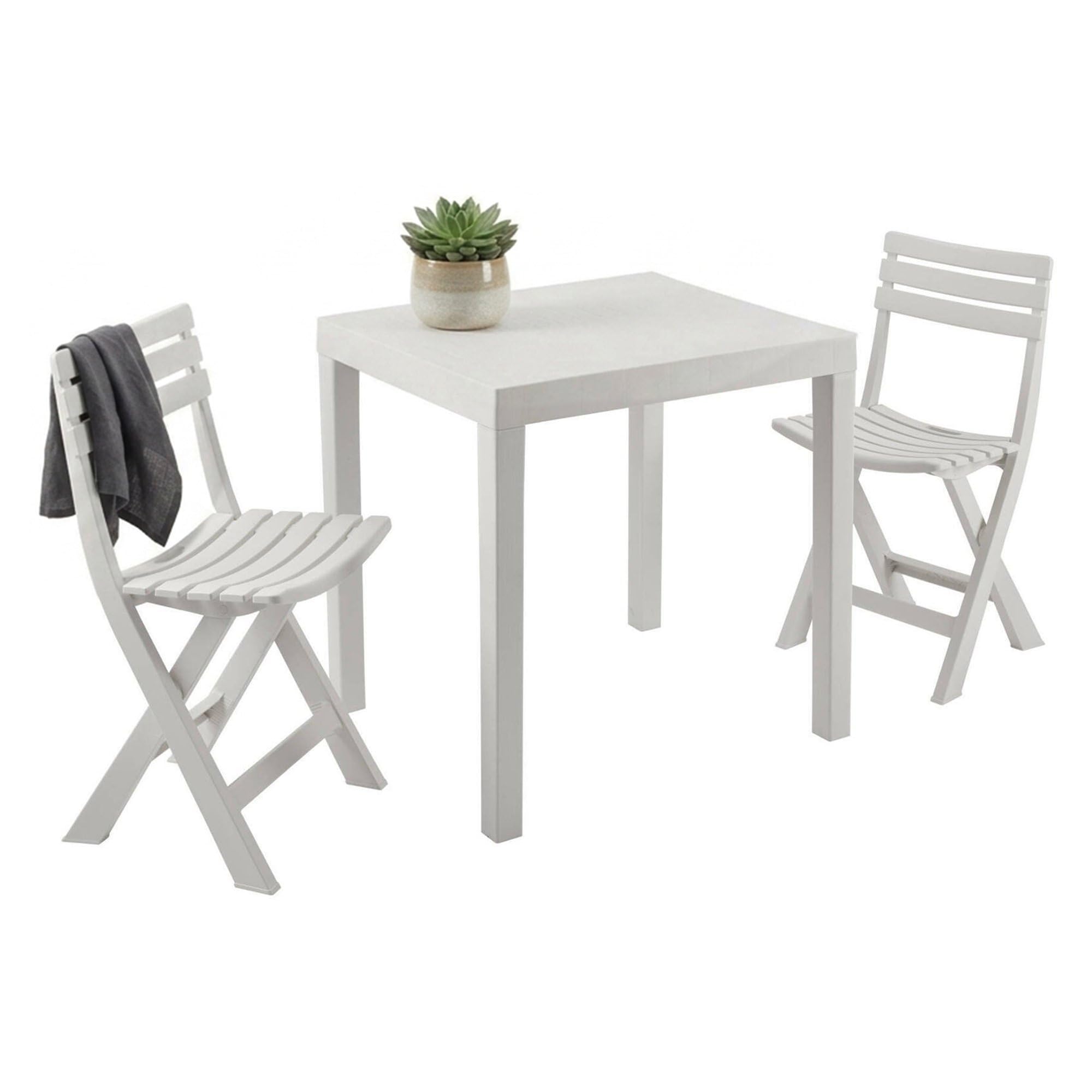 Dmora - Set salotto da esterno Ortisei, Composizione da giardino con 1 tavolo rettangolare e 2 sedie pieghevoli, Salottino indoor e outdoor da Pic Nic, 100% Made in Italy, Bianco