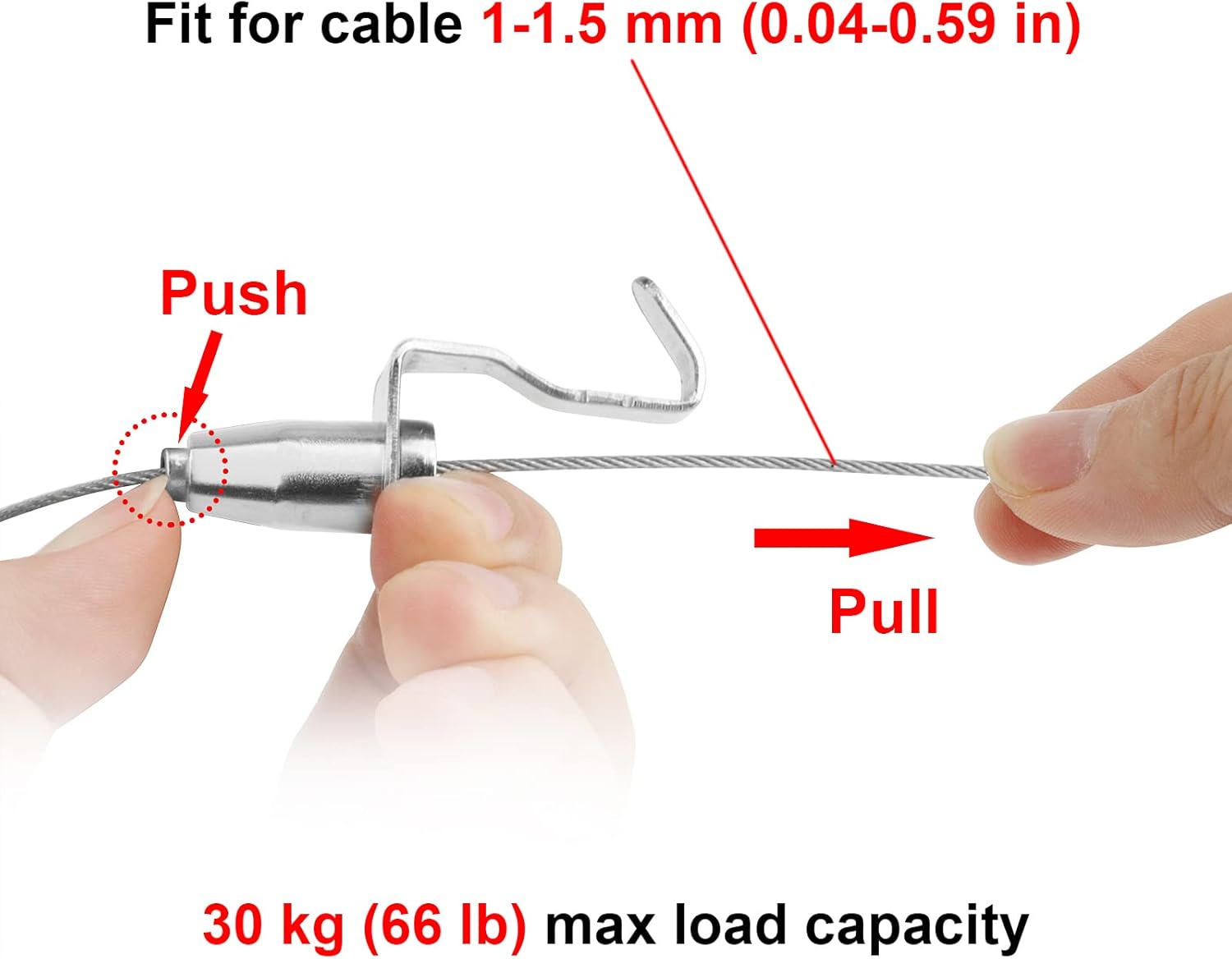 Mocking Bird 30 Pack Adjustable Picture Hangers, Art Display Gallery Frame Wire Rope Rail Hooks, 30 kg(66 lb) Max Load Capacity, for 1-2 mm (0.039- 0.079 in) Cable, No Slipping, Silver