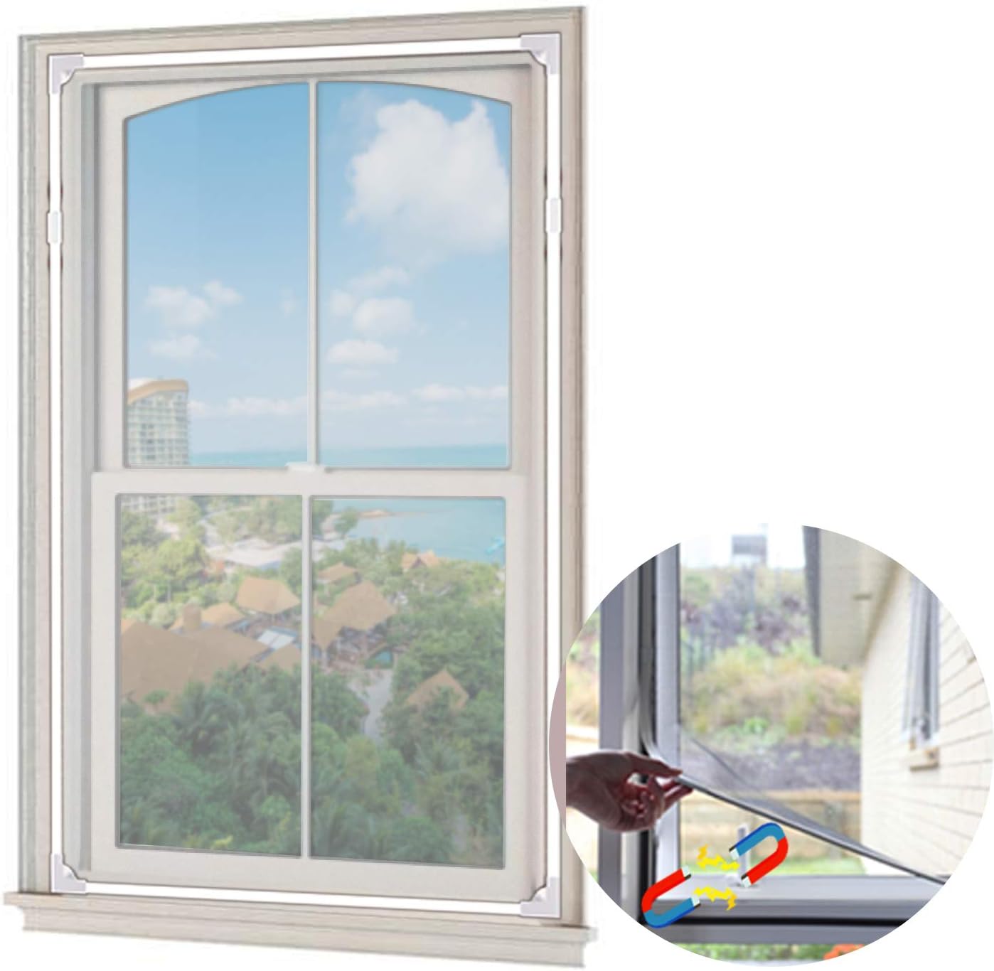 [2020 Upgrade]Adjustable Magnetic Window Screen, Max 59 × 39 Inch DIY Window Mesh with White Frame, Fit for Any Smaller Size - Easy to Install and Disassemble