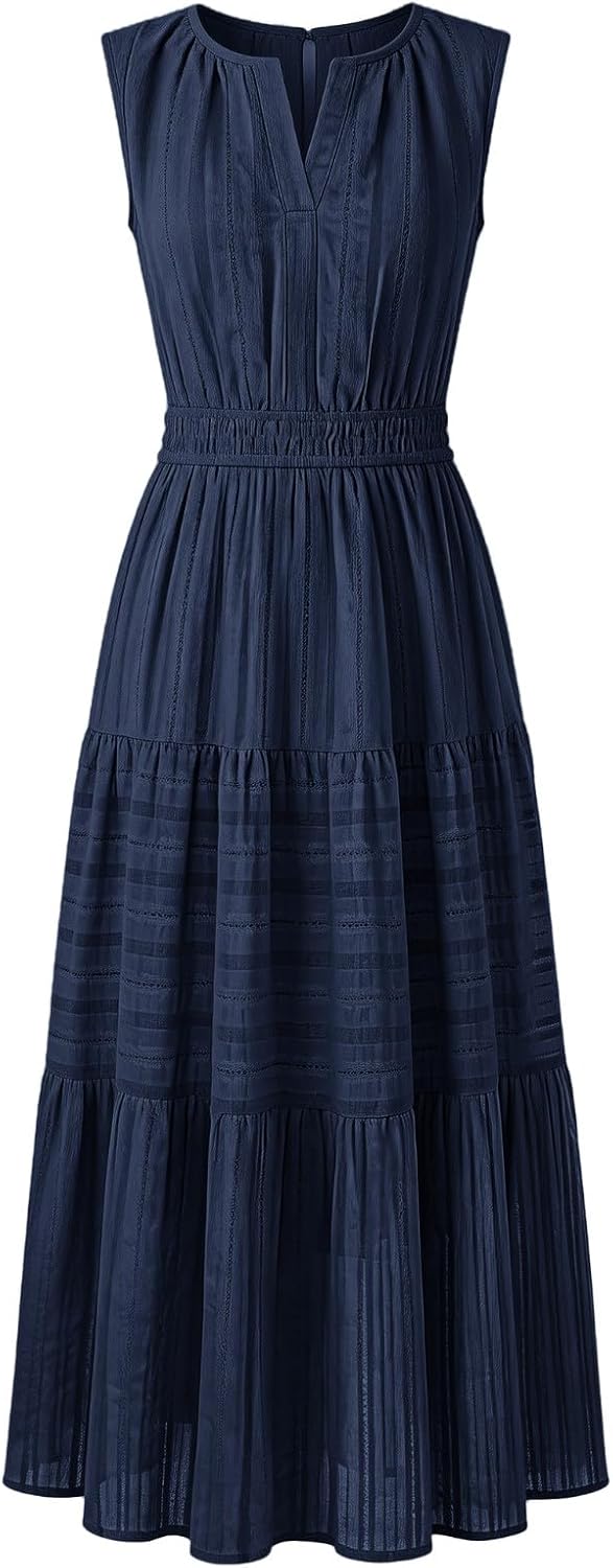 Midi and Maxi Dresses for Women Spring Sleeveless Ruffle Pleated Layered Dress High Waisted Elastic Waist Boho Beach Dress