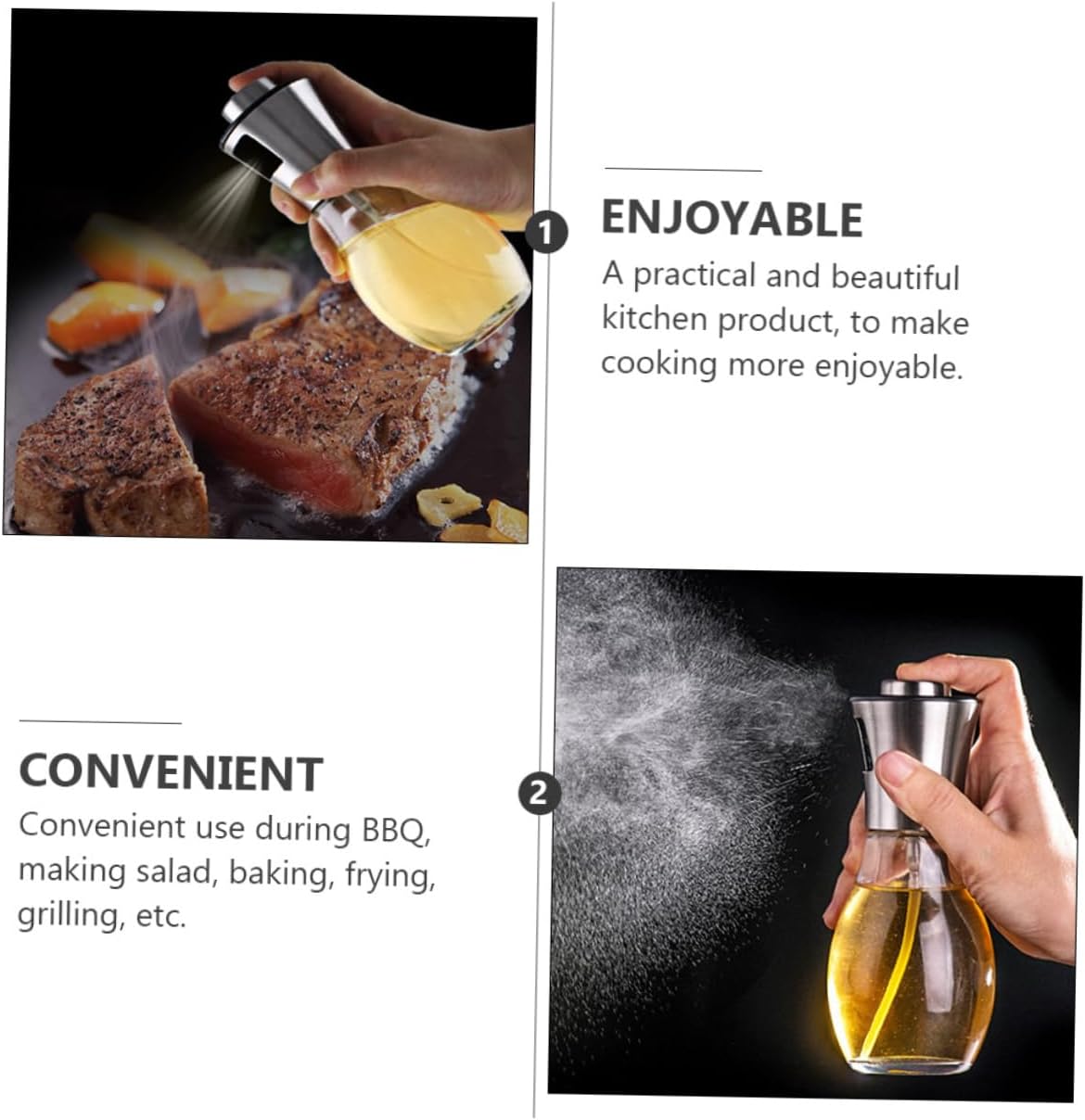PRETYZOOM Stainless Steel Oil Spray Bottle Set 2 Glass Oil Dispenser Bottles for Cooking BBQ and Salad Dressings Fine Mist Kitchen Vinegar Containers