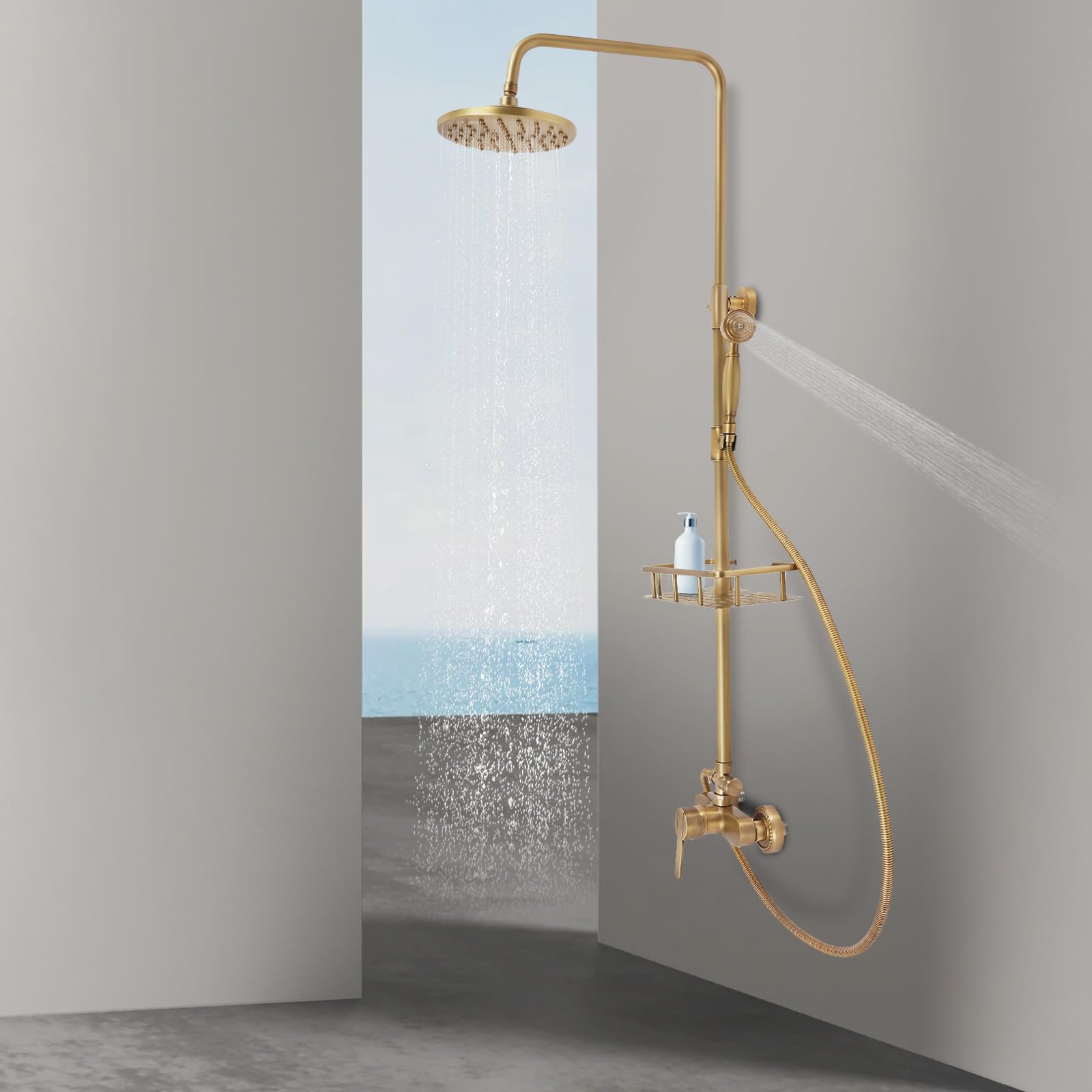 Colonna doccia retrò 20 cm con ripiano in bronzo a 2 uscite, 85-132 cm