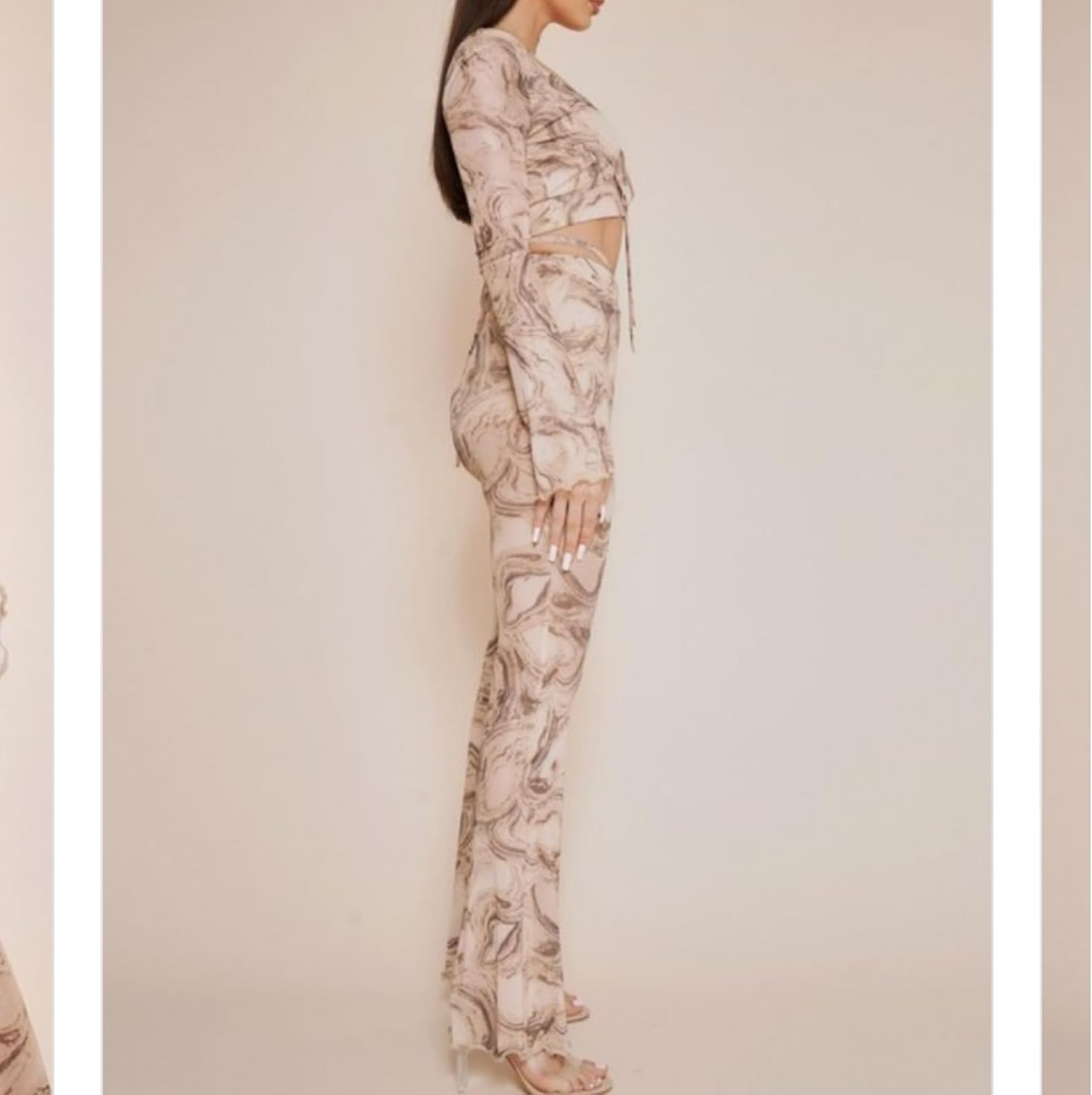 Marbling mesh crop top and bell-bottom pants set