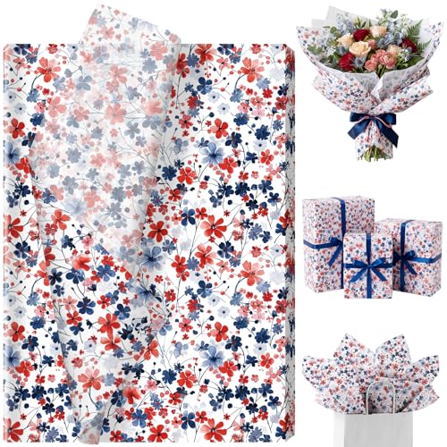 60 Sheets Pretty 4th of July Floral Tissue Paper Patriotic Red White and Blue Garden Flowers Wrapping Paper for 4th of July DIY Crafts Memorial Day Party Supplies 13.8 x 19.7 Inch
