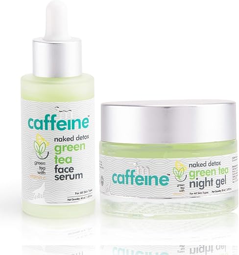 mCaffeine Green Tea Night Hydration Routine with Face Serum & Night Gel | Enriched with Vitamin C | Soothing & Calming Aroma | Pack of 2