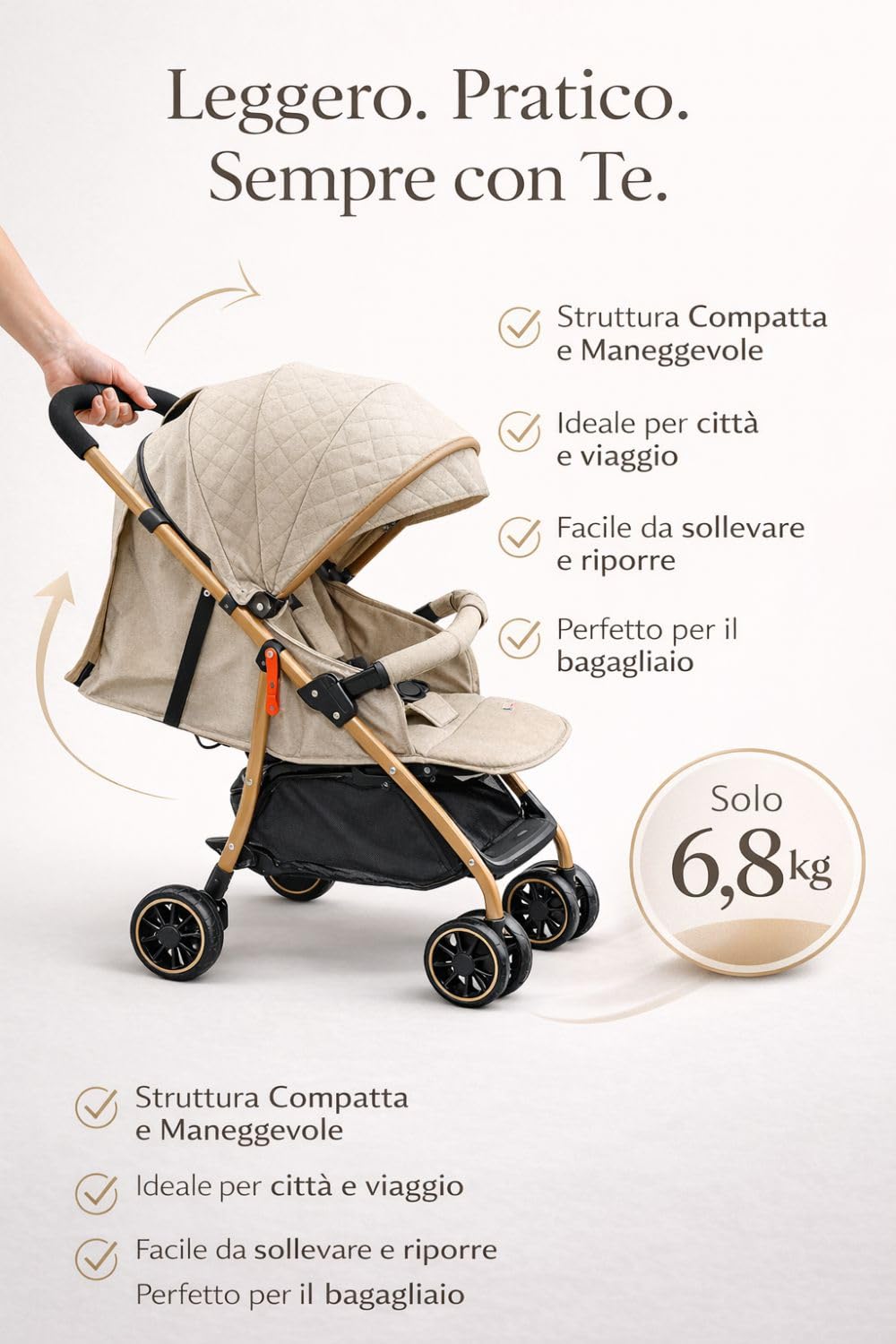 Passeggino Leggero Pieghevole 0-36 Mesi – Chiusura a Una Mano, Schienale Reclinabile, Cintura 5 Punti, Barra Removibile, Cappottina Imbottita, Compatto da Viaggio fino a 20 kg – 4 Co