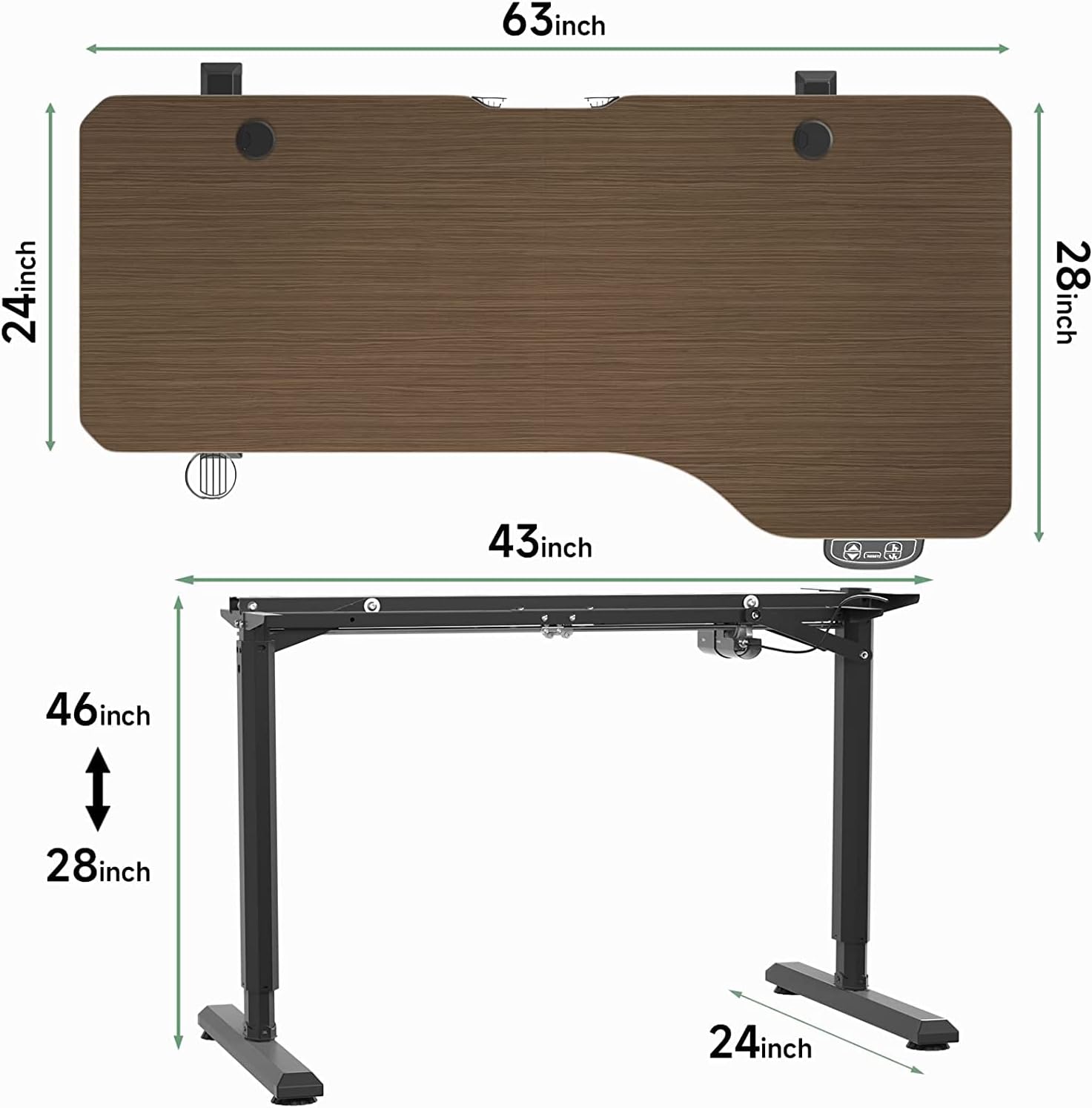 Diagram showing the dimensions of the desk in inches.