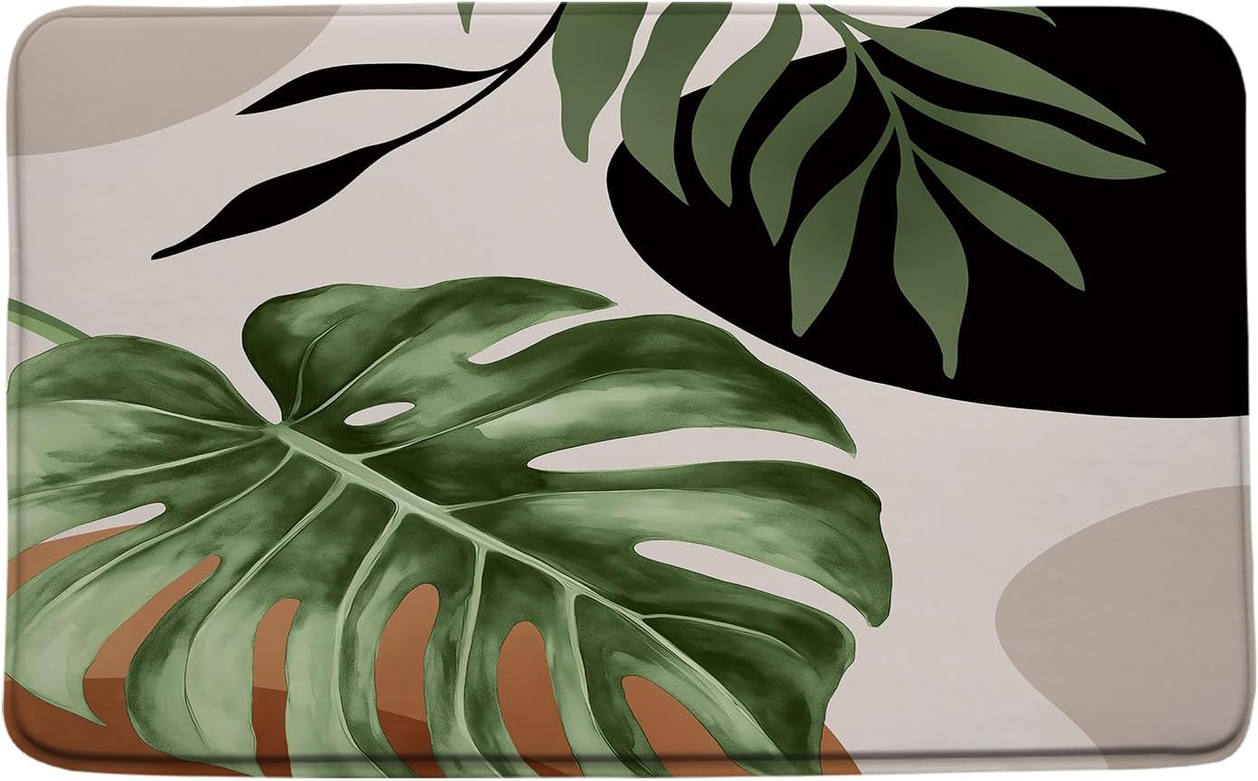 Abstract Tropical Bath Rug Boho Leaves Mid Century Modern Green Palm Leaf Botanical Nature Brown Black 24x60 Inch Bath Mat for Bathroom Kitchen Toilet