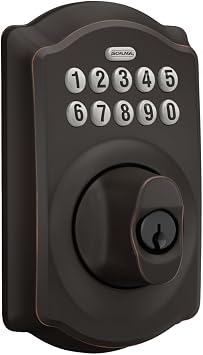 Schlage Electronic Keypad Deadbolt Lock, Camelot Trim, Aged Bronze | Keyless entry door lock, Push button keypad deadbolt, Key backup included, Certified security, Easy install, BE365