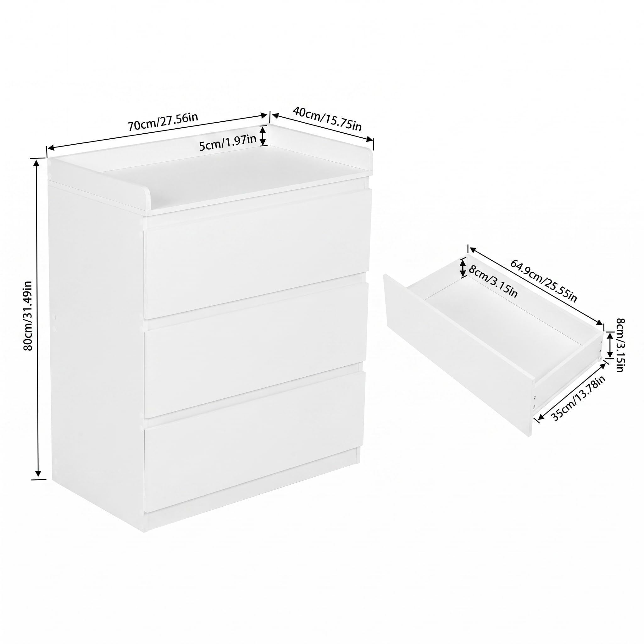 Cassettiera per fasciatoio con cassetti, bianco opaco, cassettiera con 3 cassetti e bordo di sicurezza da 5 cm, con protezione antiribaltamento, moderna cassettiera per la cameretta dei