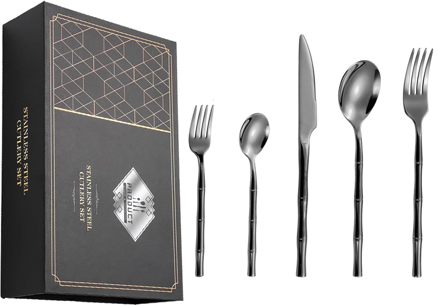 Este Juego de Cubiertos Negros de 50 Piezas para 10 Personas, Juego de Cubiertos de Acero Inoxidable 18/8, Juego de Utensilios Negros con Mango Tipo bambú, Juego de Cubiertos con Cuchillo pa