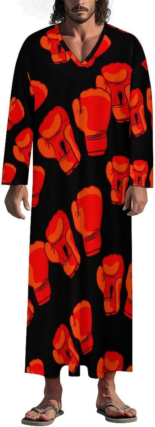 Red Boxing Gloves Men's Kaftan Thobe Long Sleeve Robe V Neck Casual Gown