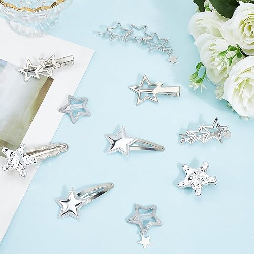 10Pcs Silver Star Hair Clips - Punk Kawaii Barrettes Set