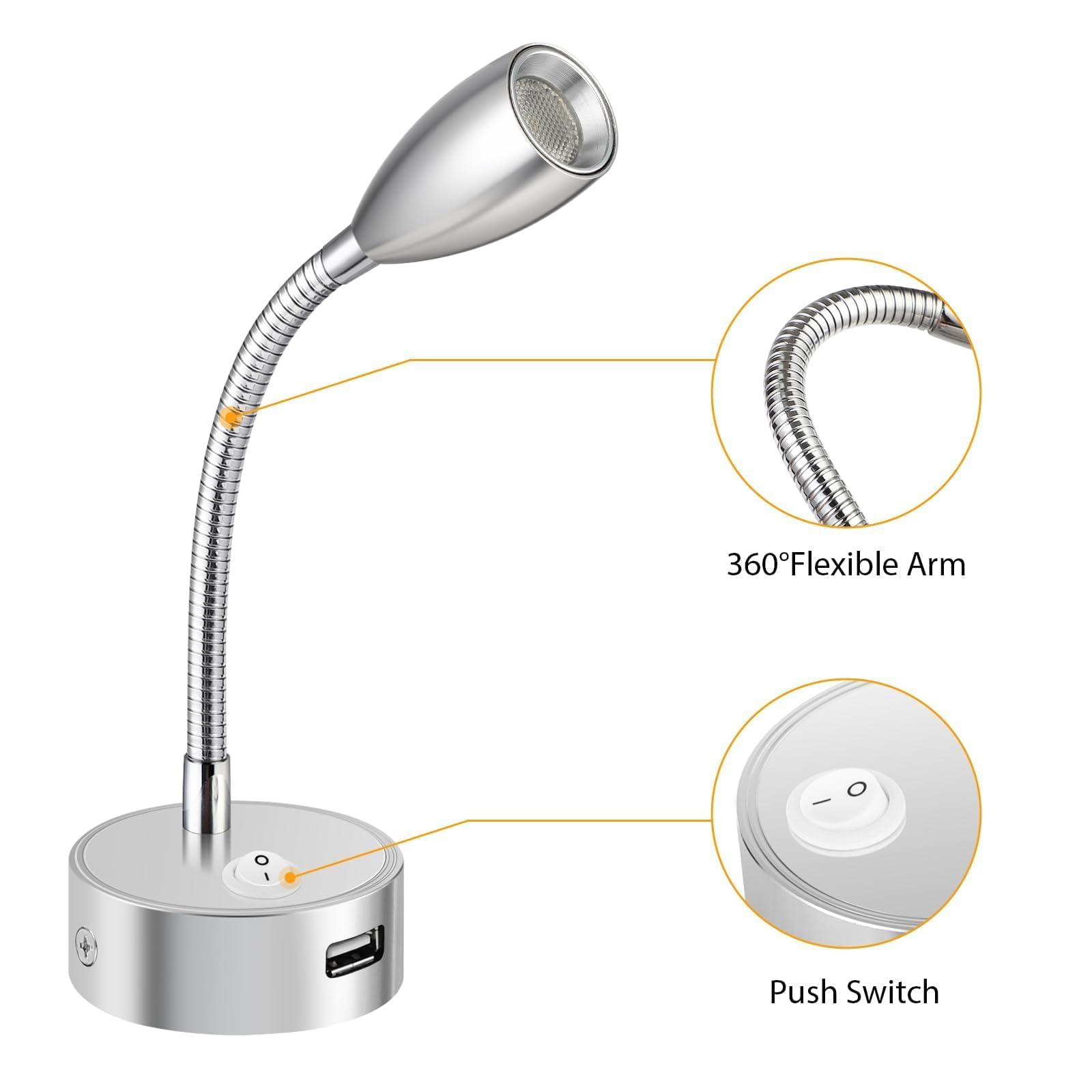 ERWEY 2er LED lampe de lecture 12V camping - car, 3W 3000k applique lampe de lit avec col de cygne flexible et port de charge USB pour bateau, yacht, voiture, éclairage intérieur de caravane, argent