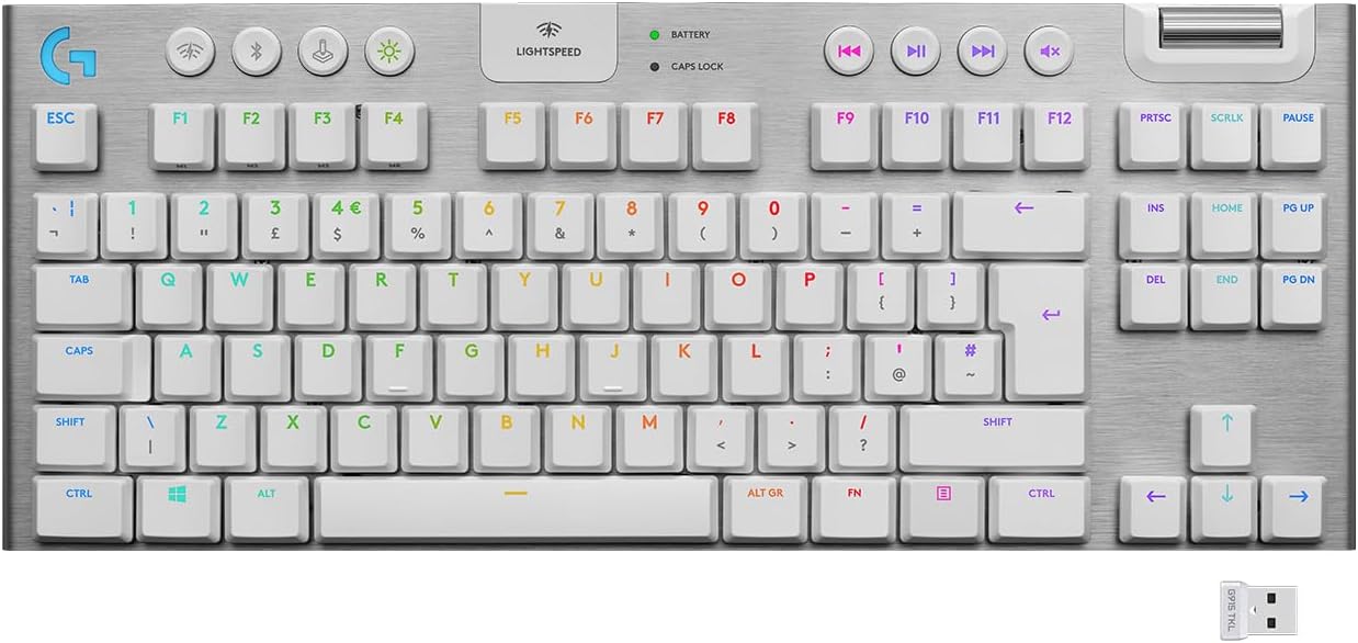 Logitech G G915 LIGHTSPEED TKL Tenkeyless Wireless Mechanical Gaming Keyboard with low profile GL-Tactile key switches, LIGHTSYNC RGB, thin design, 40, hours battery life, QWERTY UK Layout - White