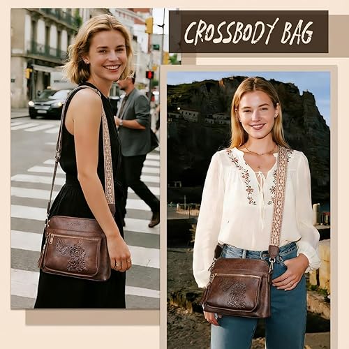 Vista 2 de Bolsos cruzados para mujer, a la moda, de piel vegana, bolso cruzado de viaje con múltiples bolsillos y borla Embossed Design, Adjustable Strap