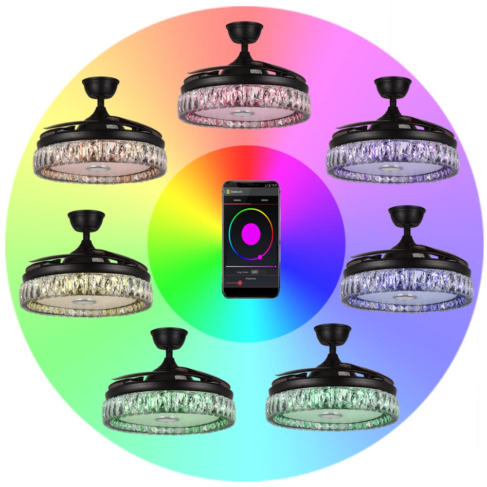 42" Modern Fandelier with Bluetooth Speaker and Light Music Player Crystal Ceiling Fan with Bluetooth Speaker Chandelier 7 Colors Retractable Blades with Remote Control for Bedroom(Black)