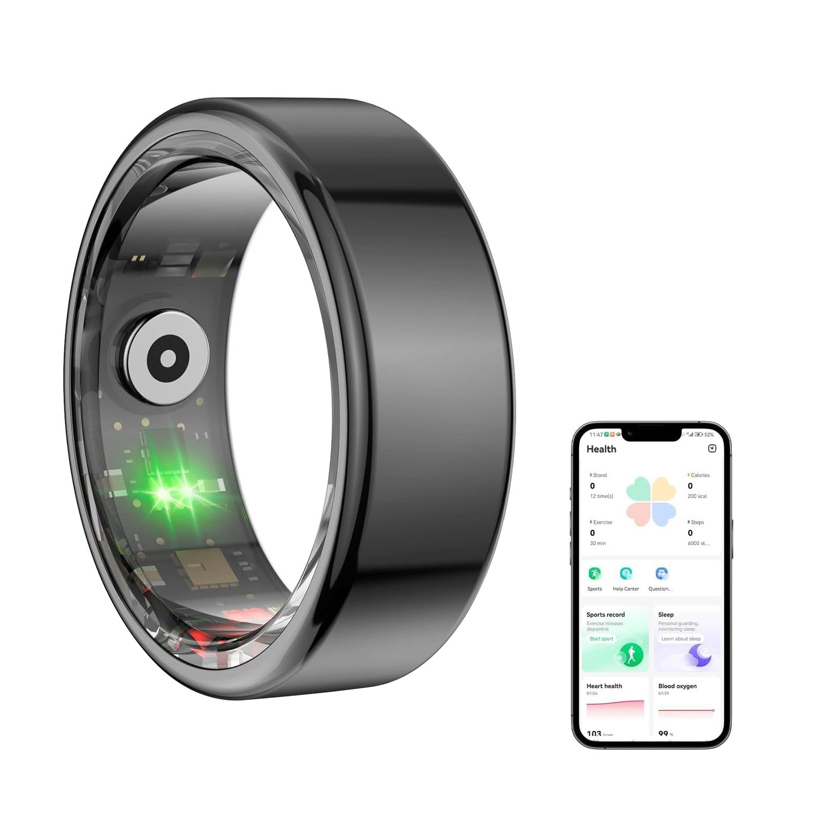 OBEST Bluetooth Smart Ring Health Tracker with Sleep Monitoring,Heart Rate,Fitness Tracker,Blood Oxygen,Calories, Waterproof,Health Rings for Men/Women,Compatible with Android,iOS(Size 12)