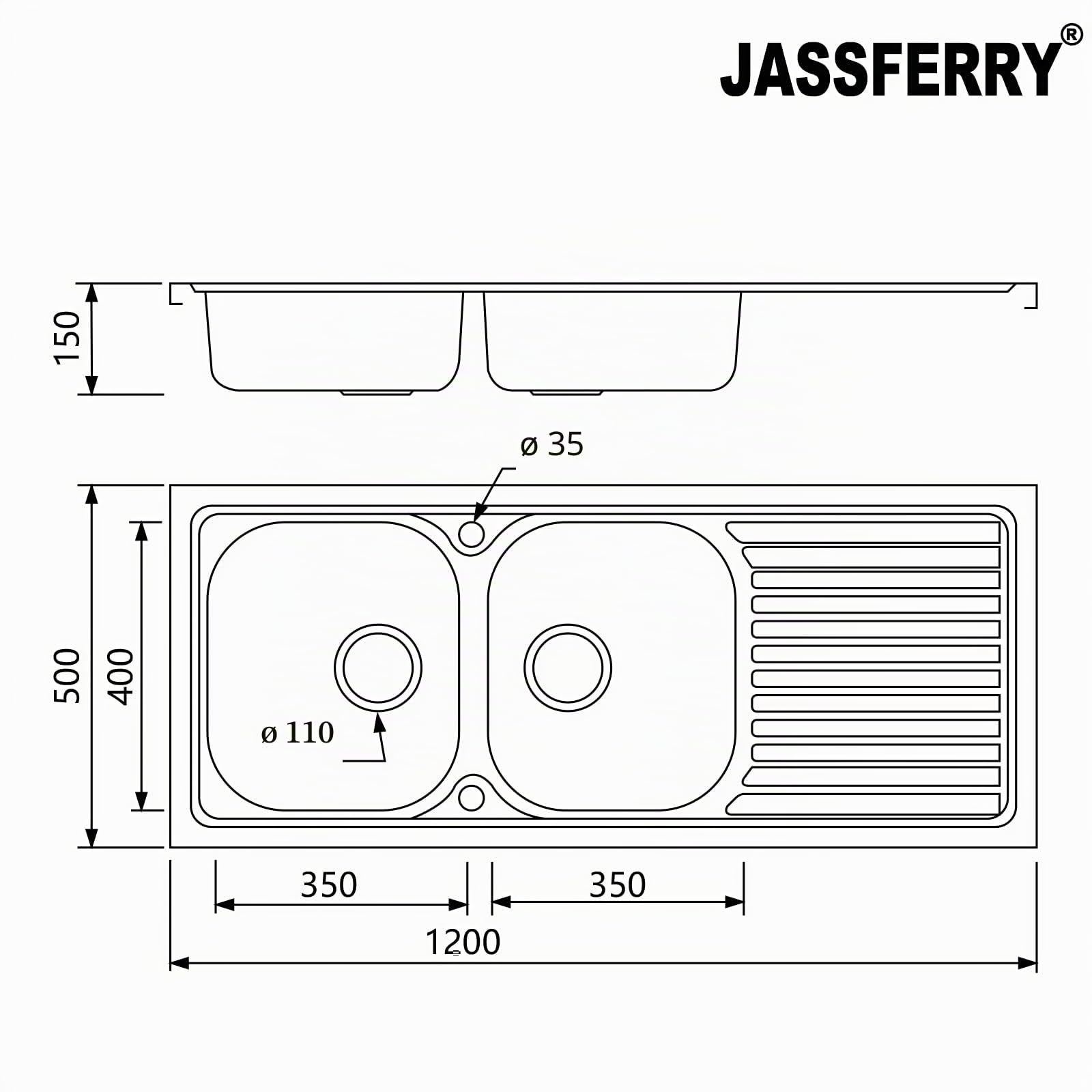 JASSFERRY Évier de cuisine encastrable en acier inoxydable 2 bacs avec égouttoir réversible 1200 x 500 mm