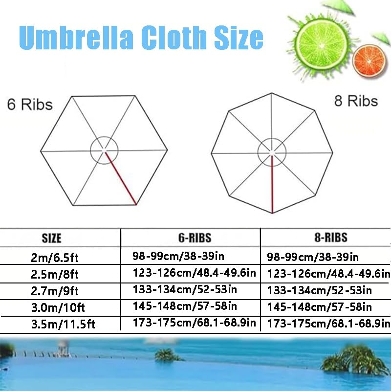 GSKFXJ Round Replacement Table Umbrella Canopy, 6.5ft/8ft/9ft/10ft /11.5ft Outdoor Umbrella Canopy Replacement, Parasol Replacement Top Cover for 8 Ribs 6 Ribs(Light Curry,2m/6.5ft(8Ribs))