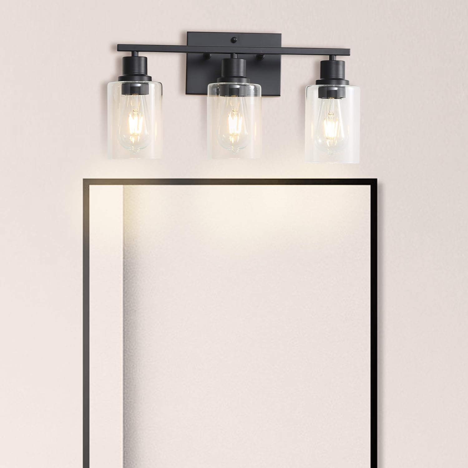Jodauirt 3-Lights Bathroom Vanity Light Fixtures,Matte Black Wall Sconces with Clear Glass Shades, Farmhouse Modern Wall Lighting ​for Mirror,Bedroom,Living Room