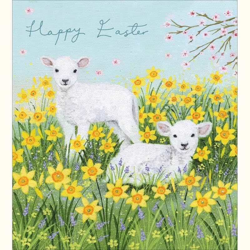 Pretty Easter Cards Lambs Spring Floral – Pack of 5 Cards in One Design