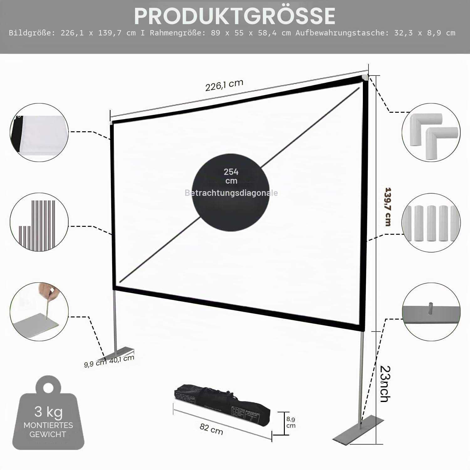 SKERELL leinwand Beamer mit Stand 100 Zoll Outdoor Projektor leinwand Indoor Filmleinwand 16:9 Full-Set-Tasche für Heimkino Camping und Freizeitveranstaltungen