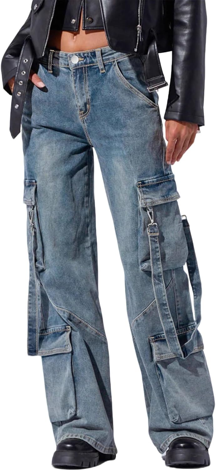 utcoco Women's Boyfriend Cargo Jeans Baggy Low Waist Wide Leg Denim Pants with Multi Pockets and Straps