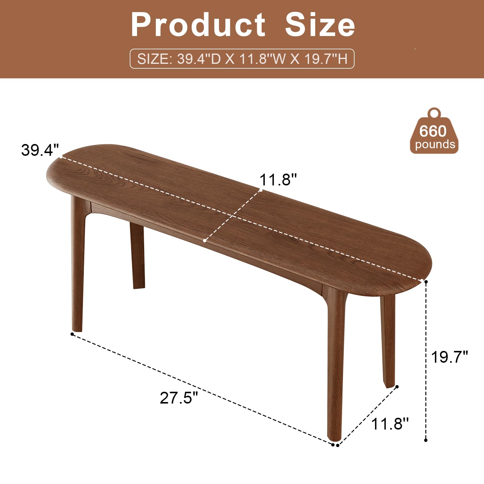 DONGMUWUEJEE 100% Solid Wood Dining Bench, Dining Table Bench for End of Bed with Rounded Corners, Entryway Benches for Outdoor, Bedroom and Plant Stand (Walnut, 39.4" D x 11.8" W x 19.7" H)