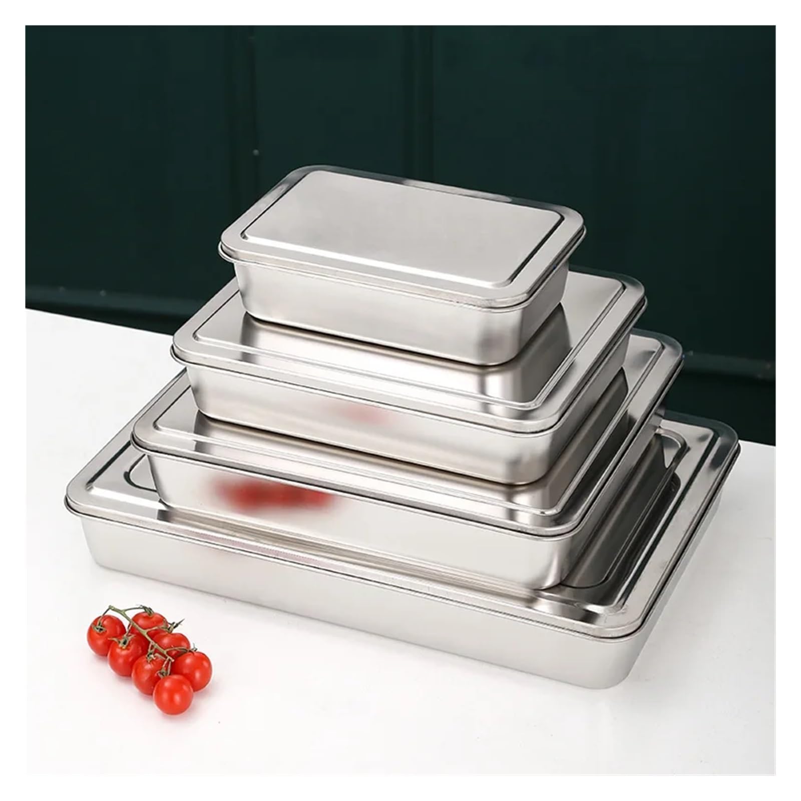 Boîte à Déjeuner En Acier Inoxydable Plateau de service rectangulaire en acier inoxydable épais avec couvercle, assiettes conservation des aliments, récipient cuisine(33x28.5x6.2 with Lid)