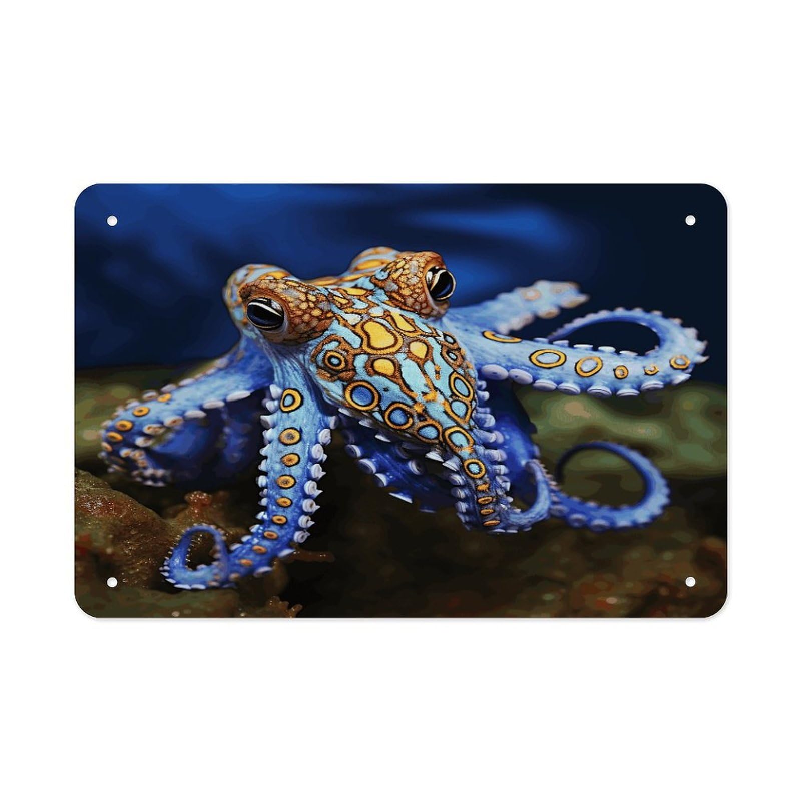 Blue Ringed Octopus Metal Tin Sign 12"x8" Wall Art Prints Poster Decorative Picture Metal Signboard Decor Painting Folded Edge Iron Sheet Painting with Holes for Wall Decor