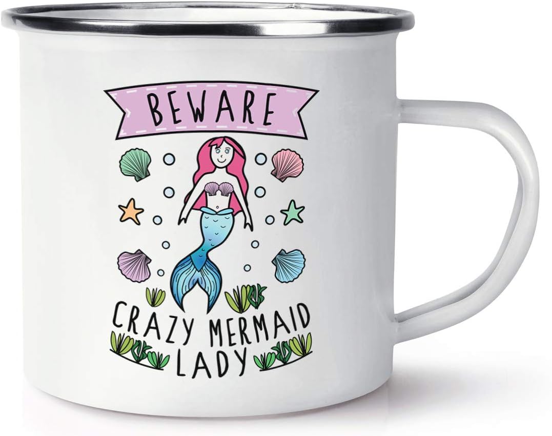 Beware Crazy Mermaid Lady Retro Enamel Mug Cup
