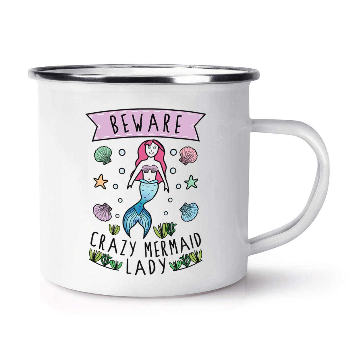 Beware Crazy Mermaid Lady Retro Enamel Mug Cup