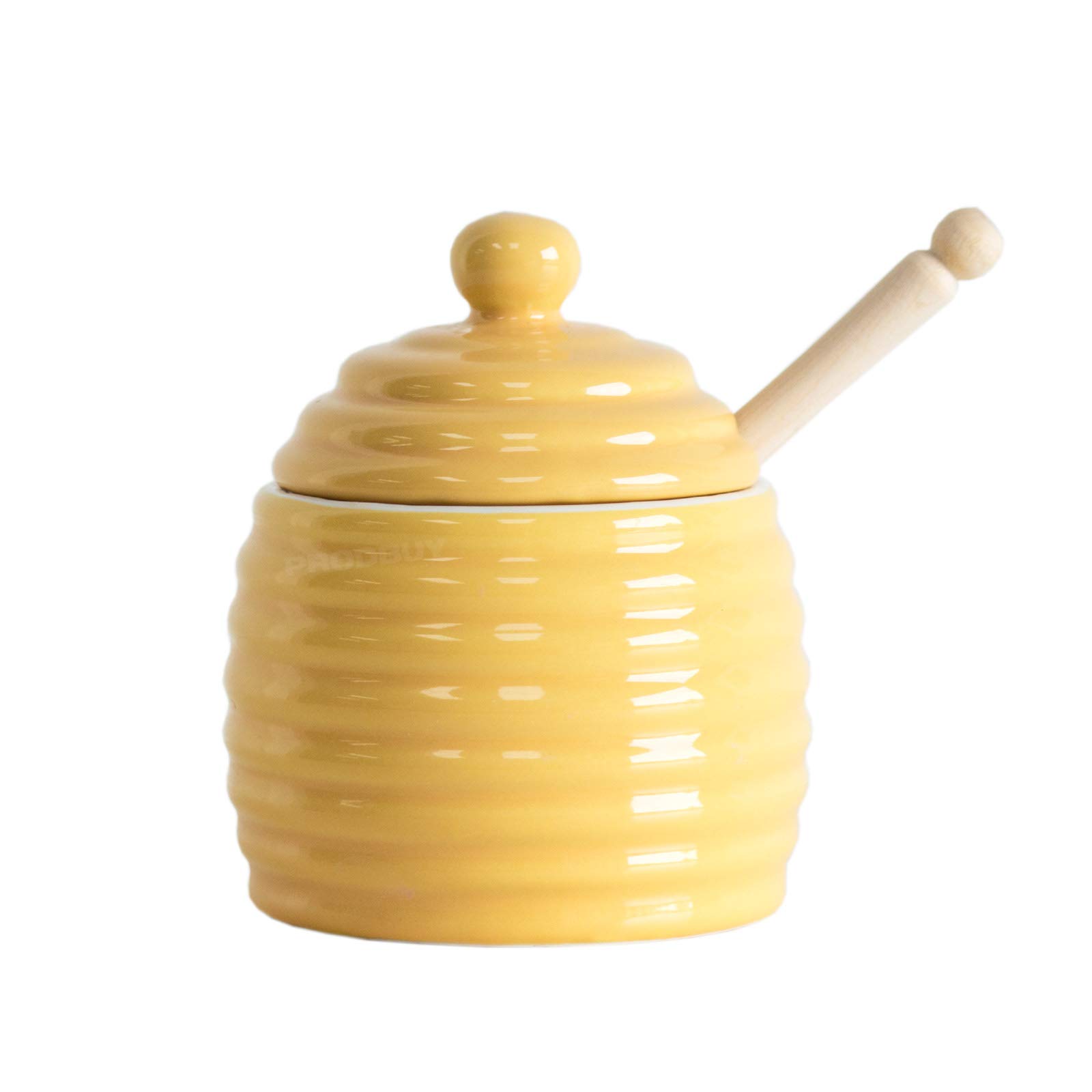 Yellow Porcelan Beehive Honey Pot with Wooden Dipper