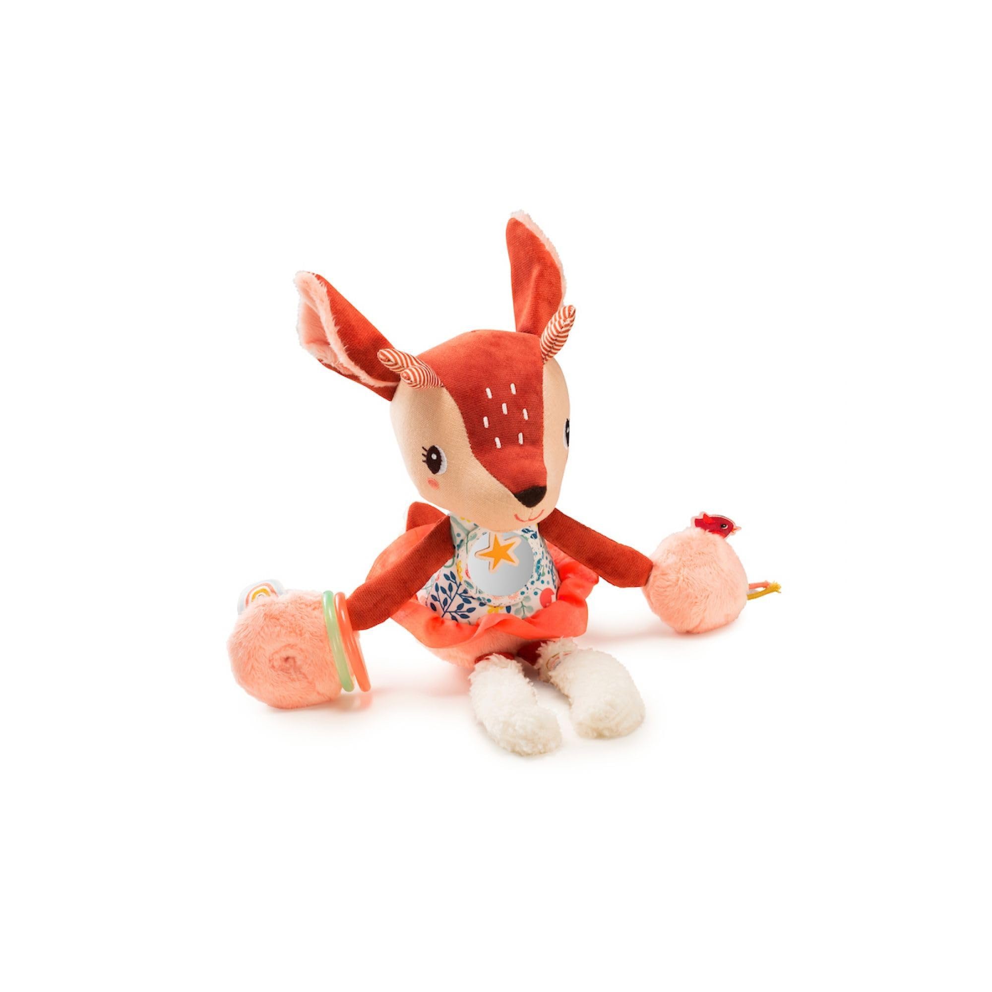 LILLIPUTIENS, Stella the Fawn Activity Rattle, Interactive Plush for Babies with Mirror Bell, and Crinkling Paper