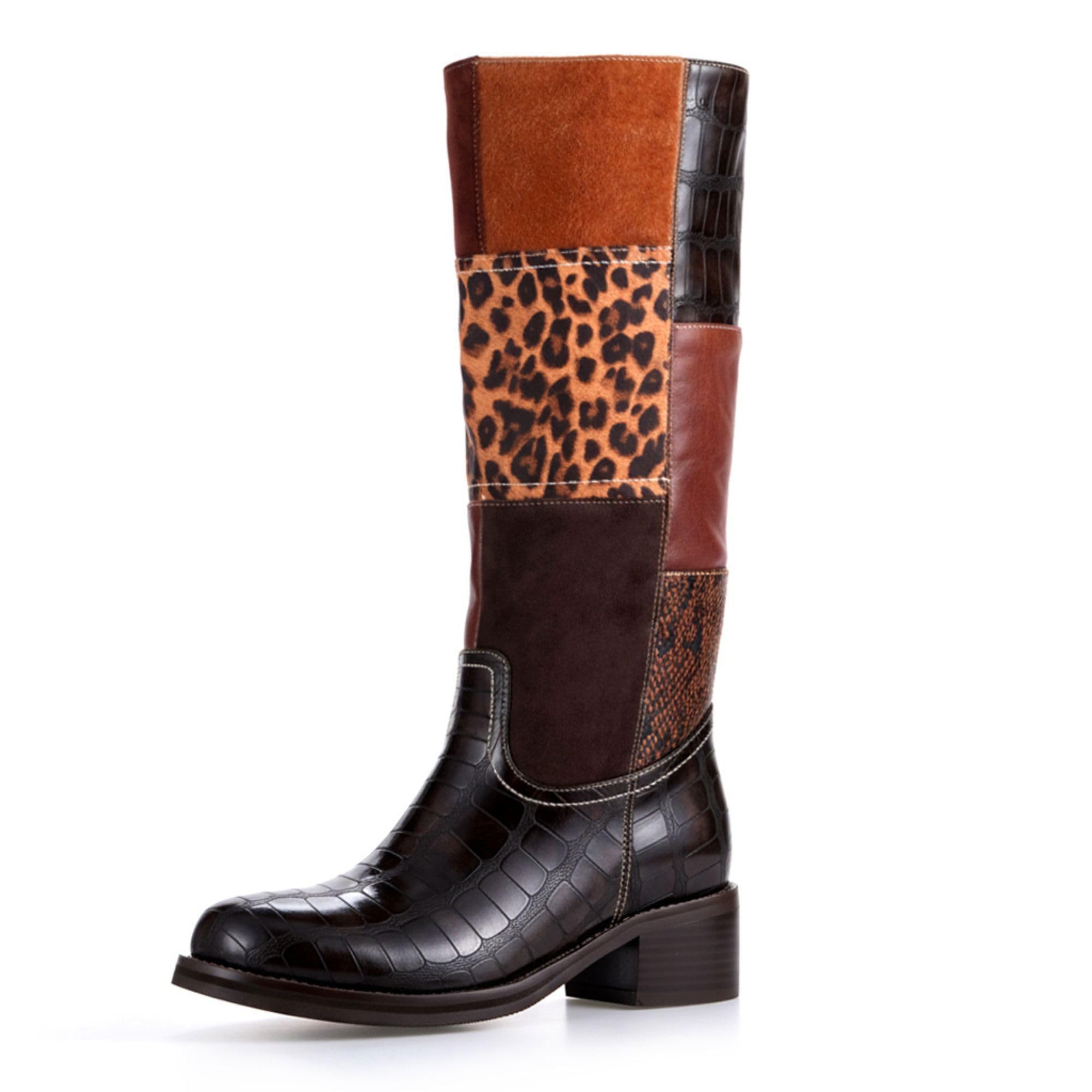 WIRALOMI Womens Knee High Campus Boots Square Toe Chunky Block Low Heel Vintage Long Boots for Women Wide
