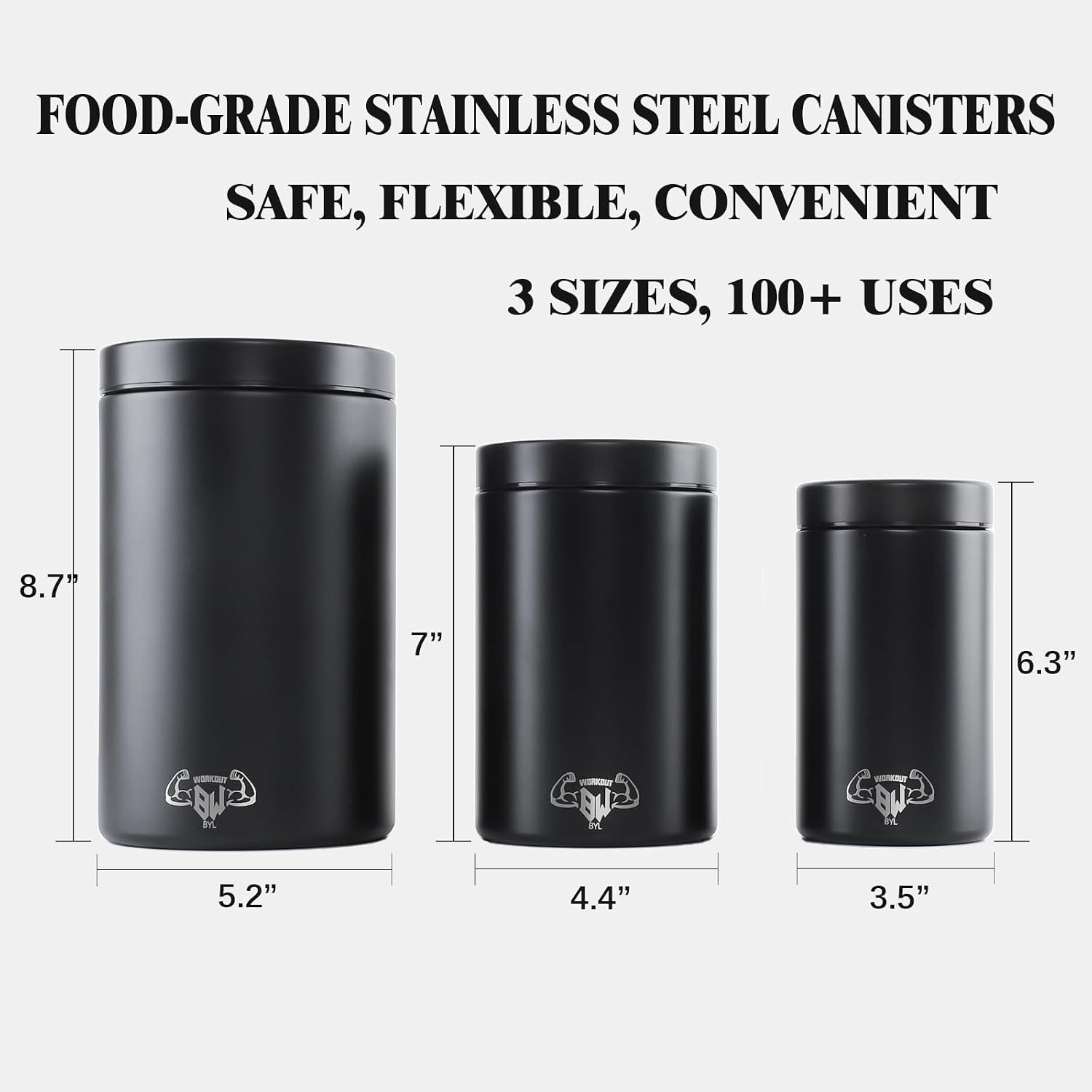 3-Piece Stainless Steel Food Canisters Set (27/47/84oz) | Airtight Metal Kitchen Storage Containers with Screw Lids | Stackable Jars for Coffee, Flour, Sugar & Protein Powder