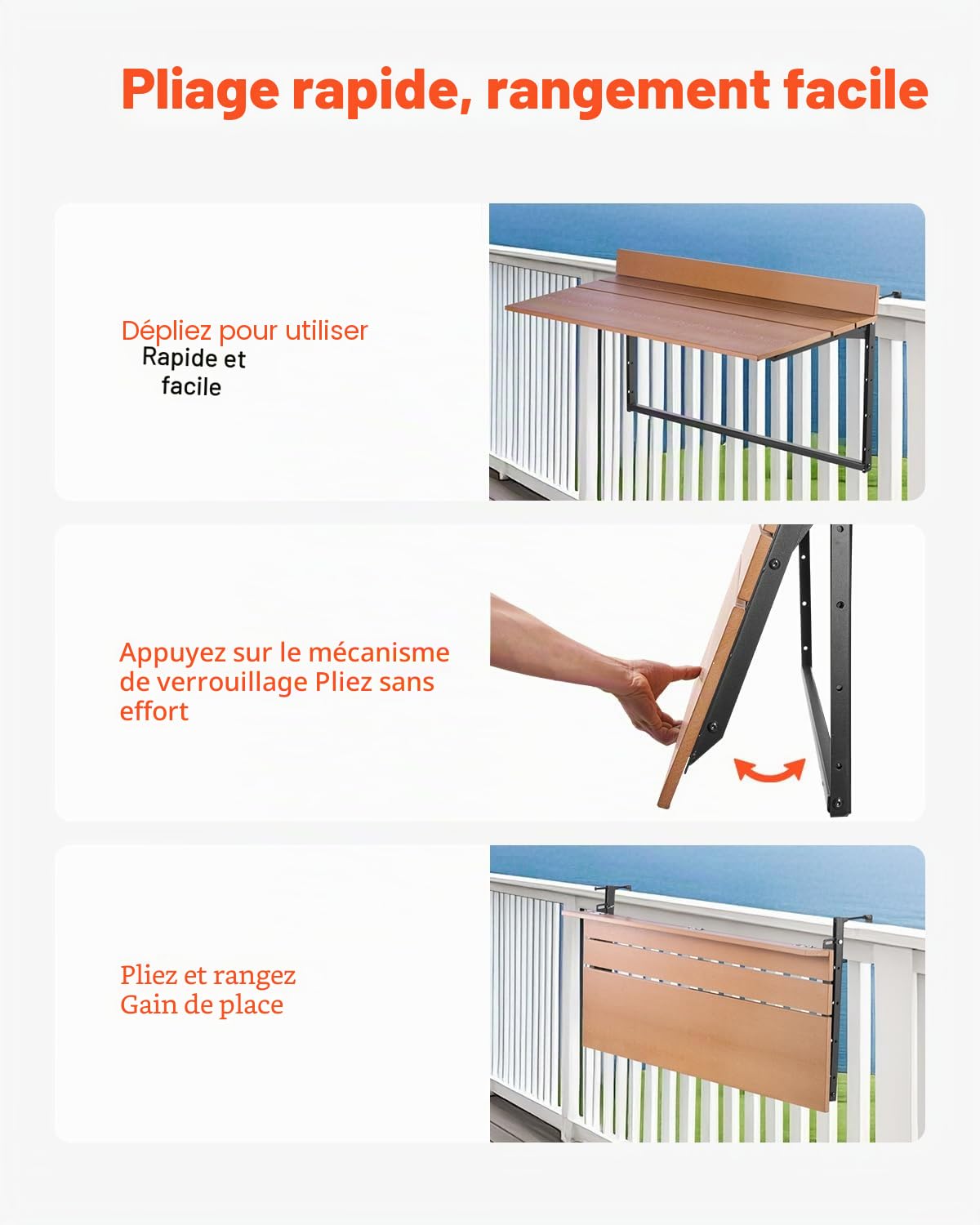 VEVOR Table Suspendue Balcon, 1000 x 485 x 480 mm, Table de Bar Pliante pour Balustrades de Balcon d'Extérieur, avec Plateau 1000 x 345 mm, Réglable sur 5 Niveaux, pour Garde-Corps de Patio Terrasse