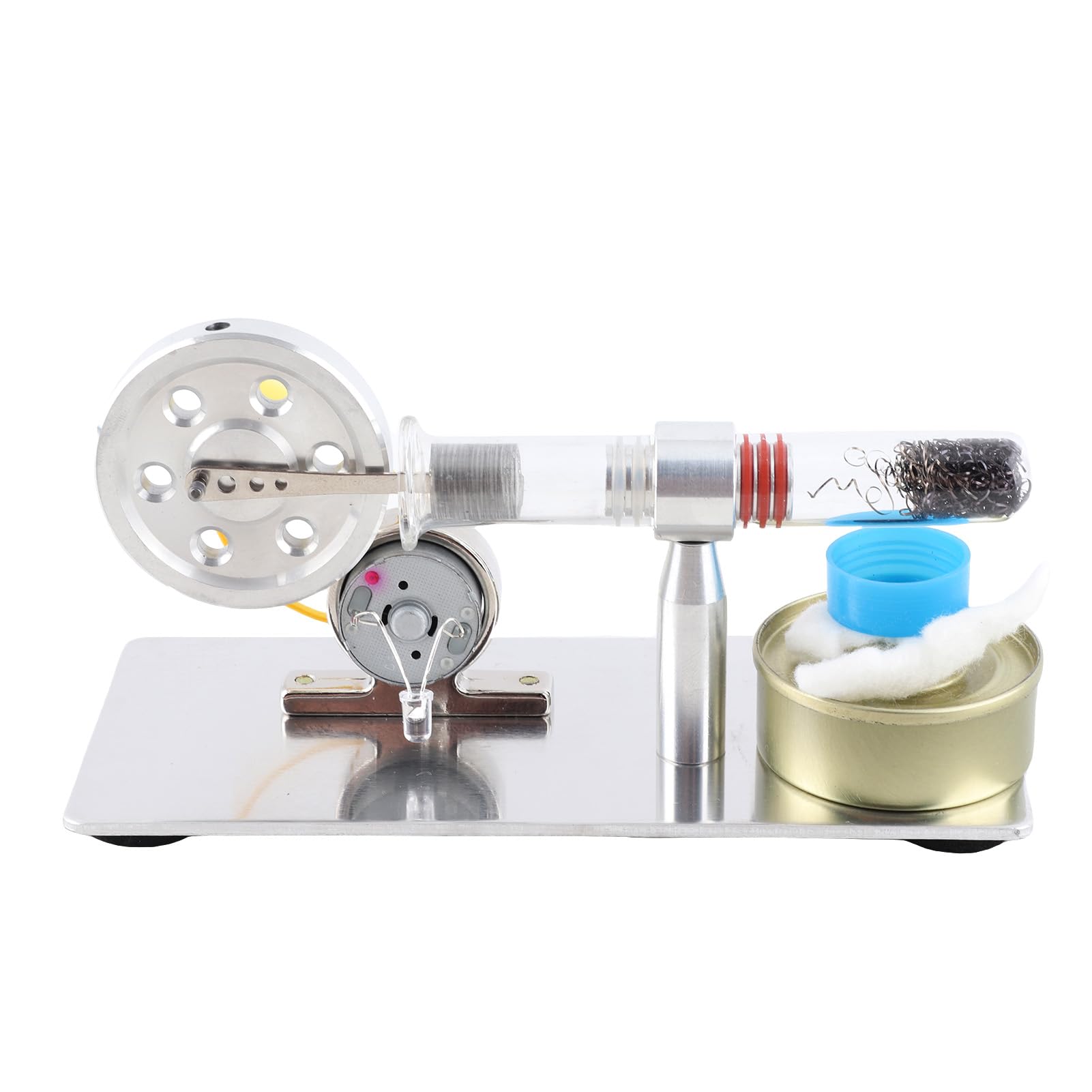 SIXRUN Motore Stirling con Modello a Cilindro Singolo, Strumento di Insegnamento di Alimentazione a Vapore in Acciaio Inossidabile per Bambini, con Luce LED