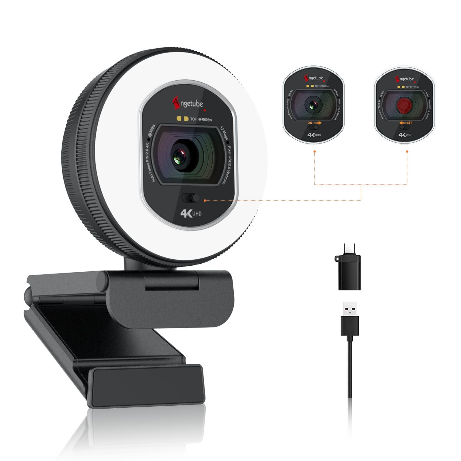Angetube Webcam 4K con luz - Cámara de PC con enfoque automático PDAF (10 Pack)