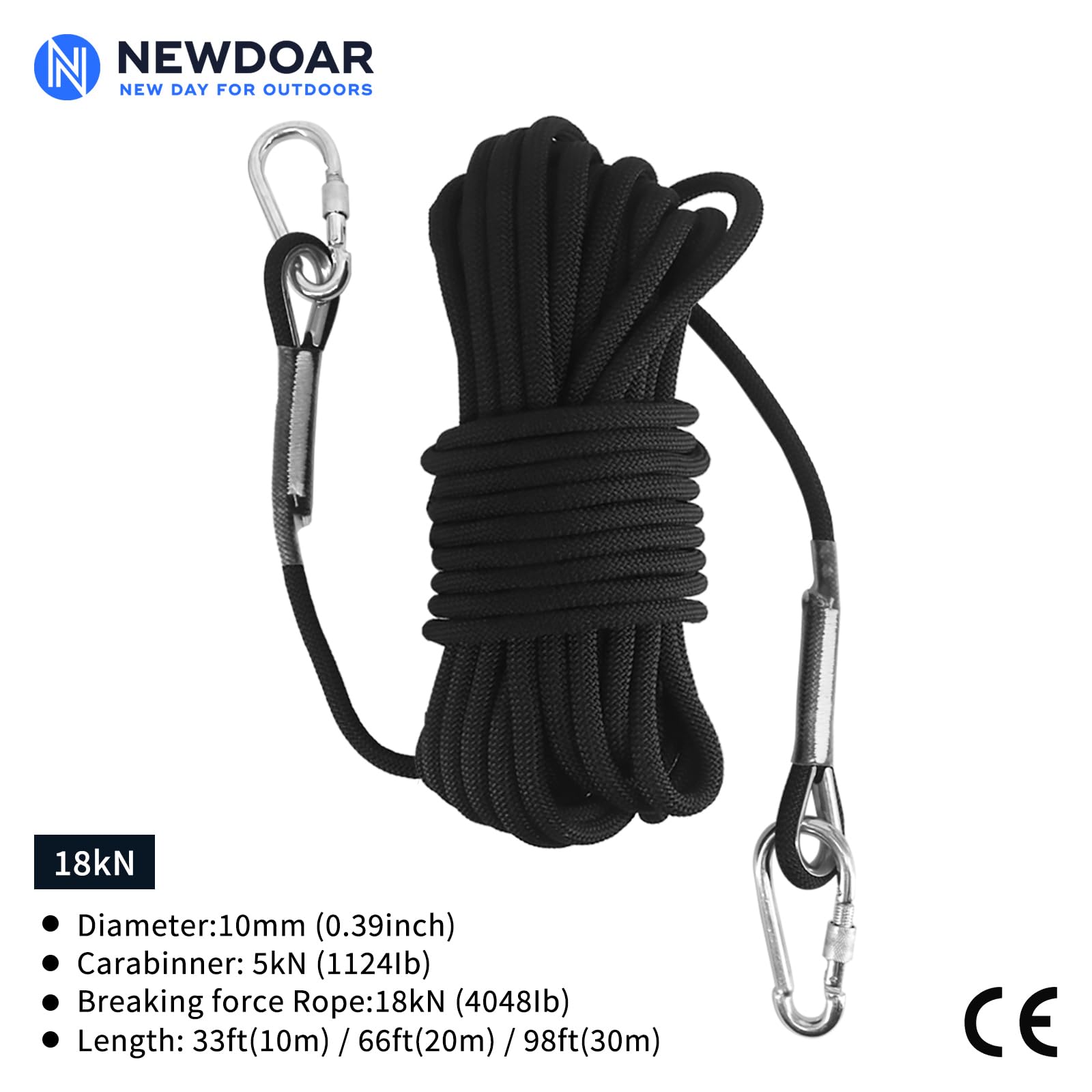 NewDoar 12KN/23KN Corda da Arrampicata Statica 10mm(3/8in) Attrezzatura per Cavo Accessori 10M, 20M,=30M Corda di Fuga Attrezzatura per Arrampicata su Ghiaccio Corda di Soccorso antincendio-Black/30M