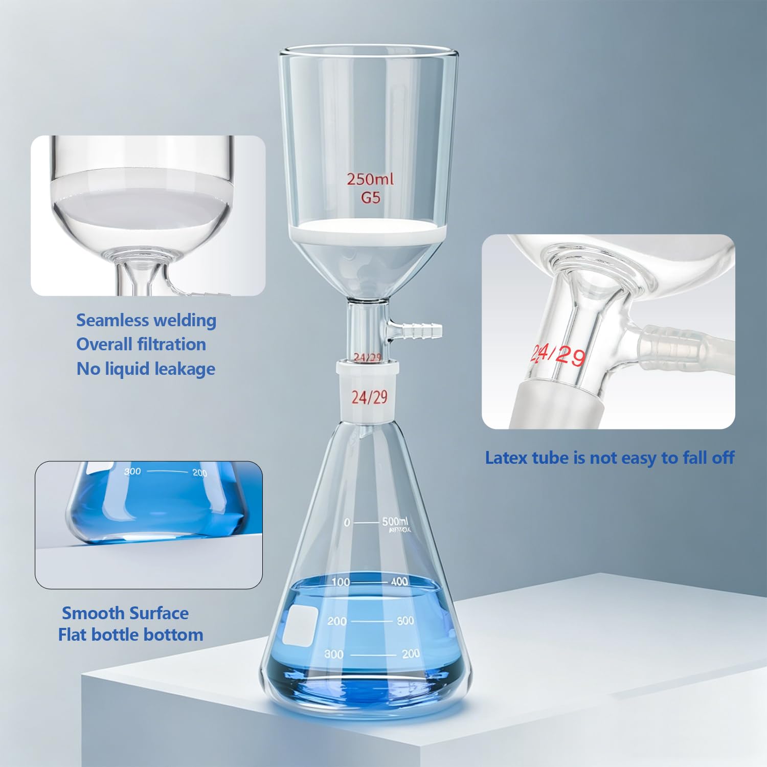 G3 Buchner Kit de filtración de embudo Aparato de destilación de filtración de vacío de laboratorio con embudo de filtración de núcleo de arena y matraz Erlenmeyer y tubo de goma (500ml)