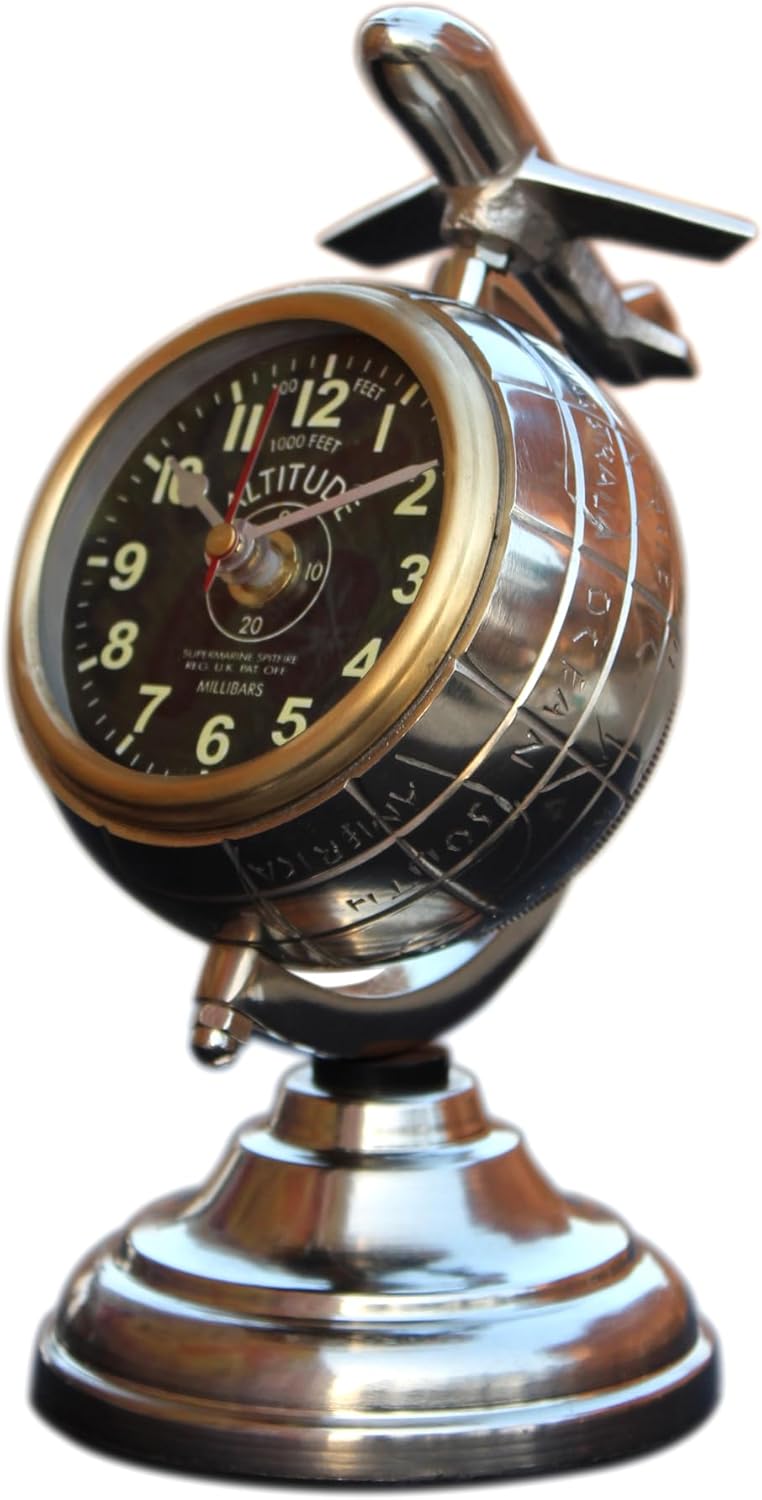 Jet Clock for Home, Office. Embosed Silver Bedside Desk/Table Clock with Jet for Decoration. Brass & Aluminium Desk Clock with Jet with Free Compass Keychain.
